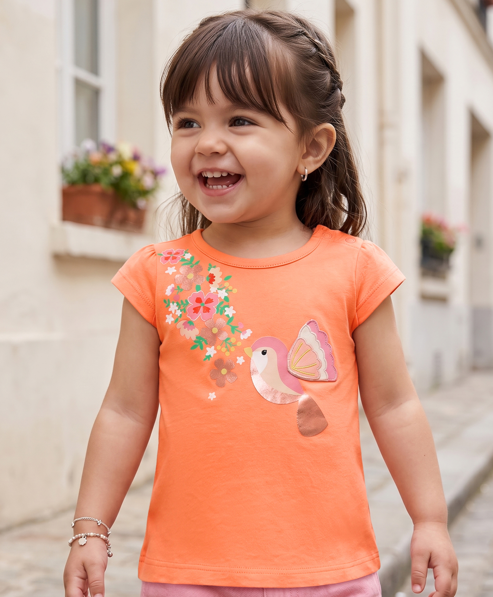 Babyoye Single Jersey Knit Half Sleeves Bird & Floral Printed T-Shirt with Applique -Light Orange-picture-28