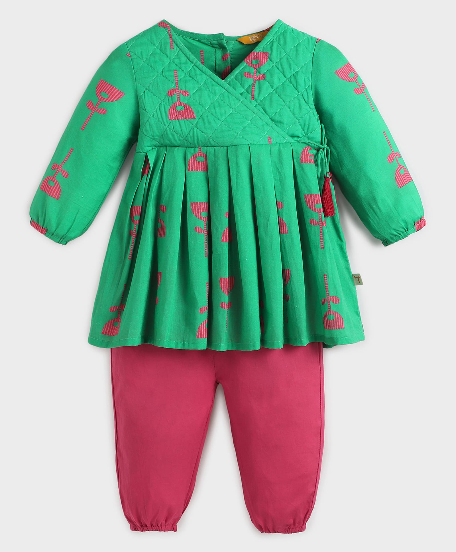 Somersault Cotton Woven Full Sleeves Floral Printed Kurti & Pant Set - Green-picture-25