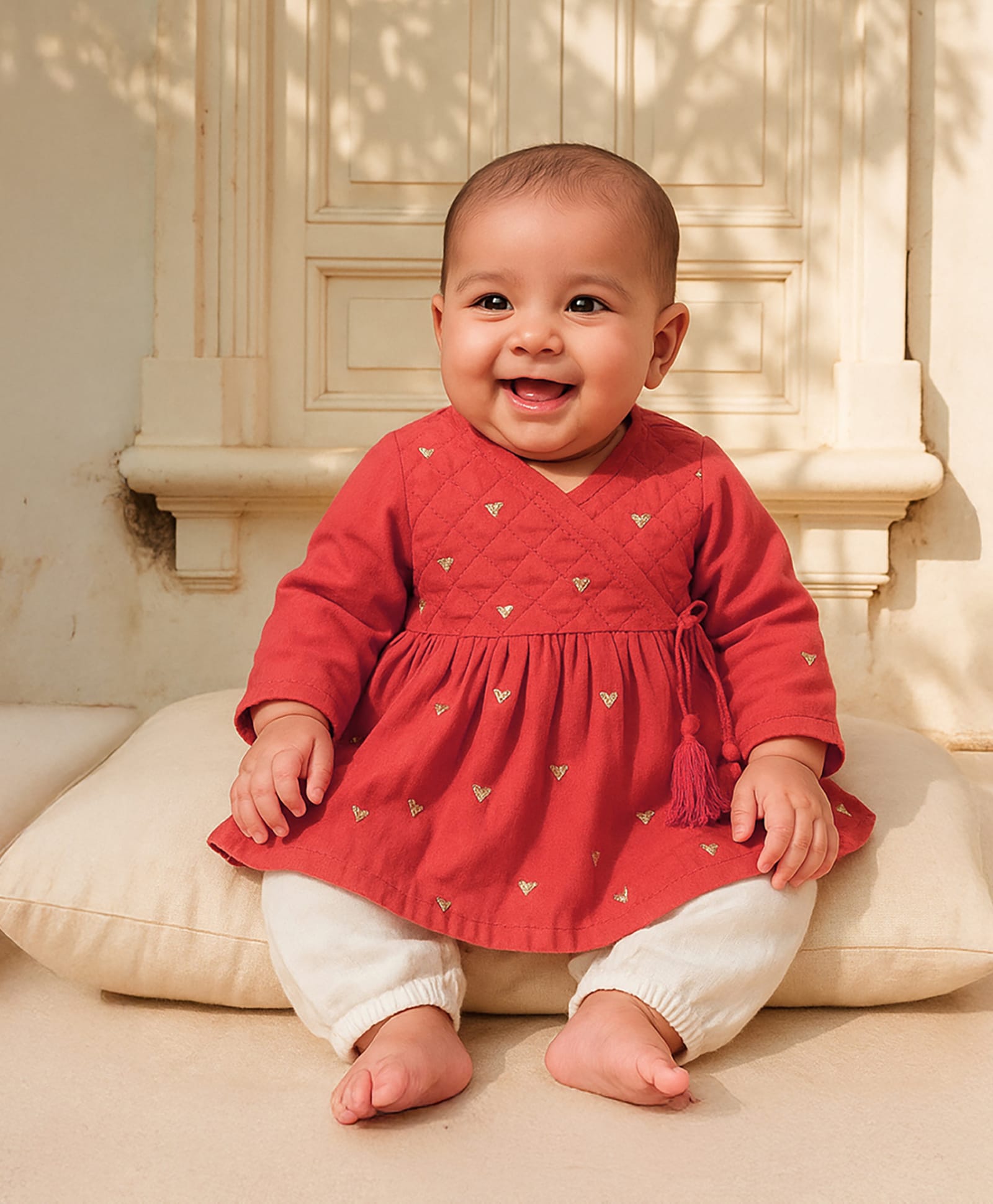 Somersault Cotton Woven Full Sleeves Heart Embroidered Kurti & Pant Set - Red-picture-26