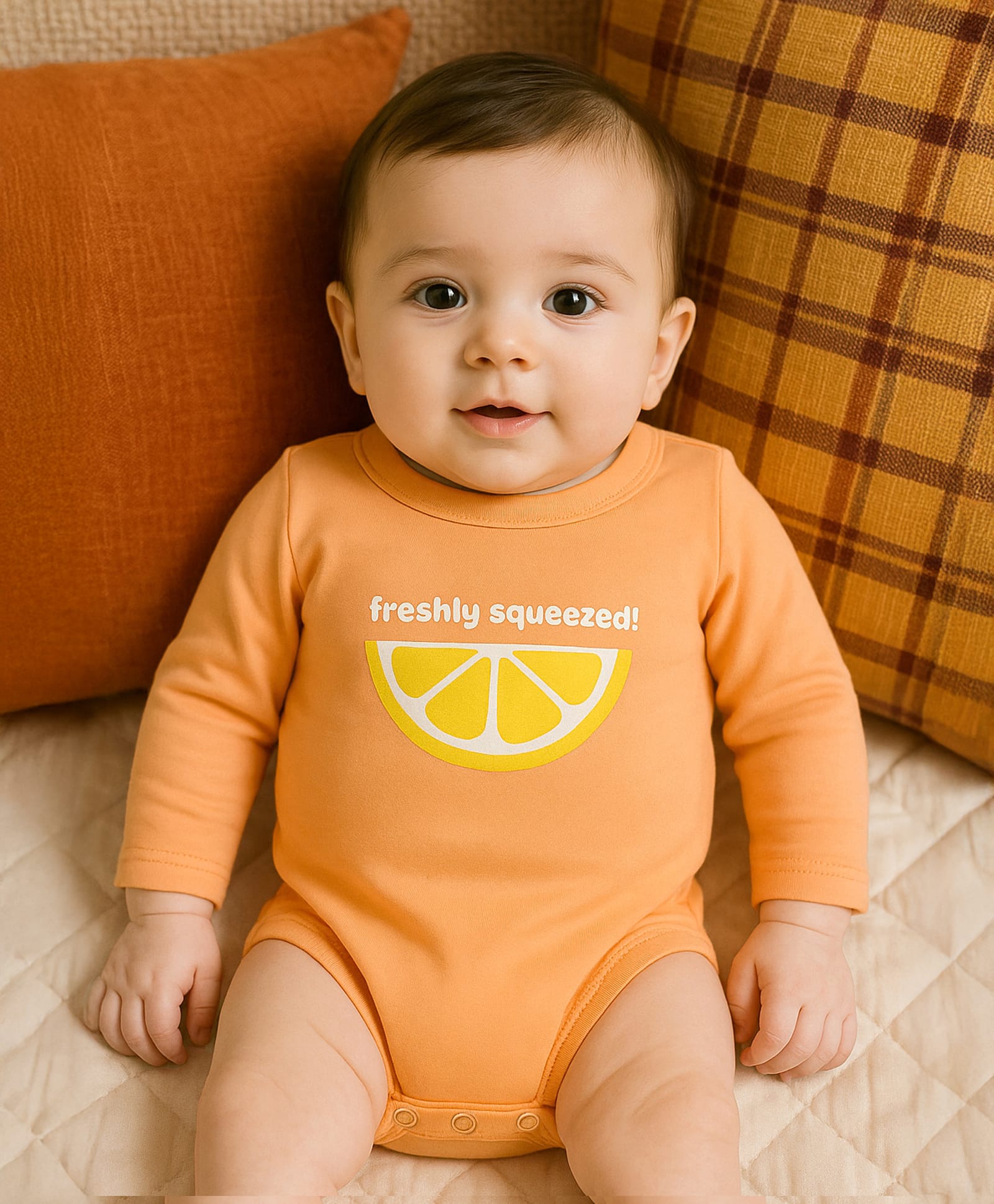 Somersault Cotton Woven Full Sleeves Freshly Squeezed Text Lemon Printed Onesie - Orange-picture-28