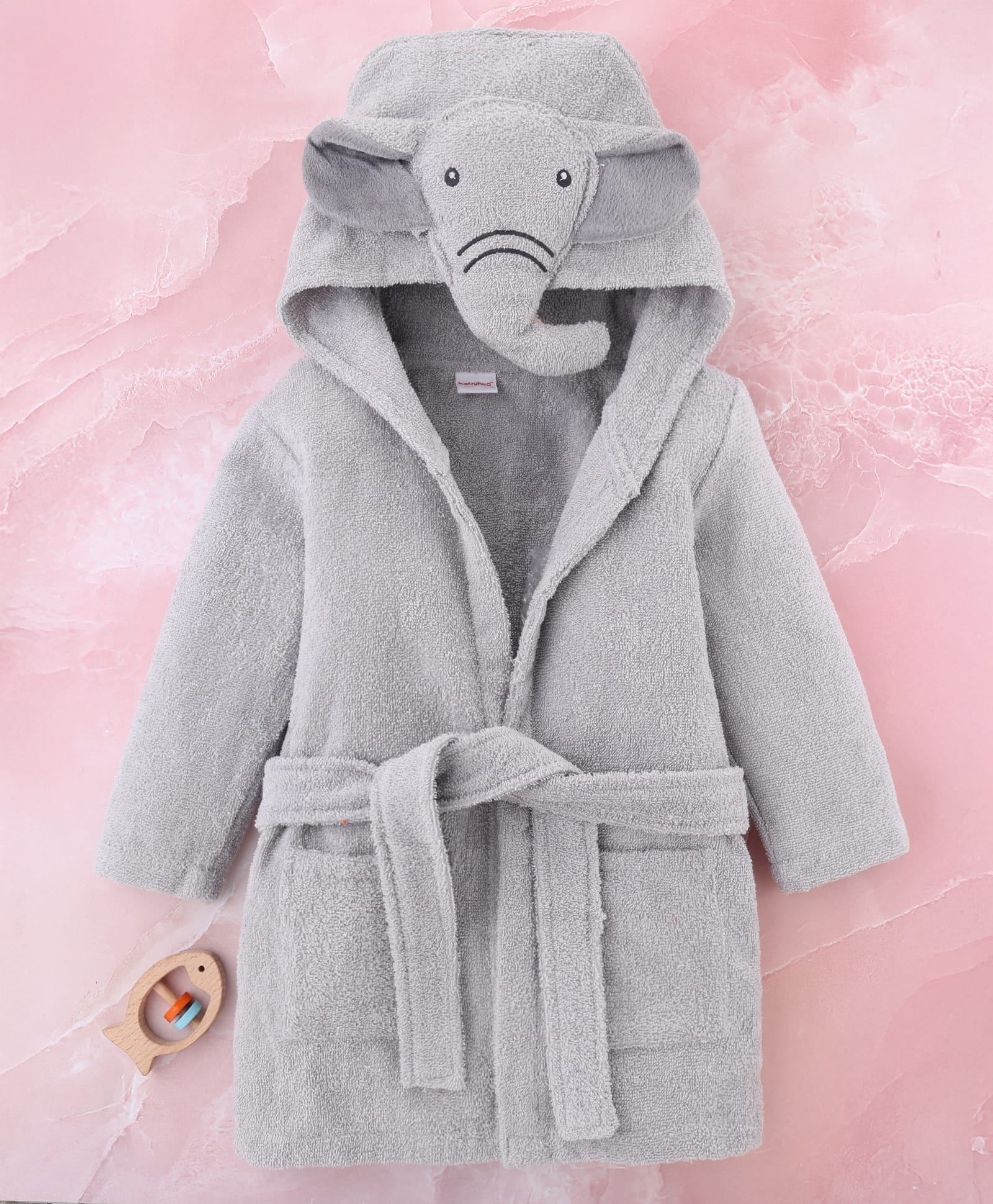 Babyhug Velour Terry Knit Full Sleeves Hooded Bath Robe With Elephant Applique - Grey-image-13