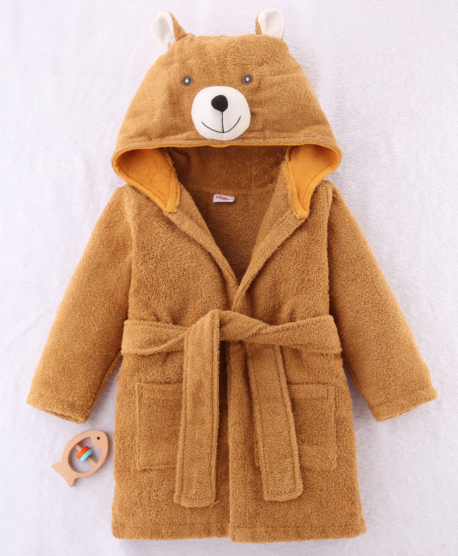 Babyhug Knit Terry Unisex Bath Robe With Fox Hood - Brown-image-8