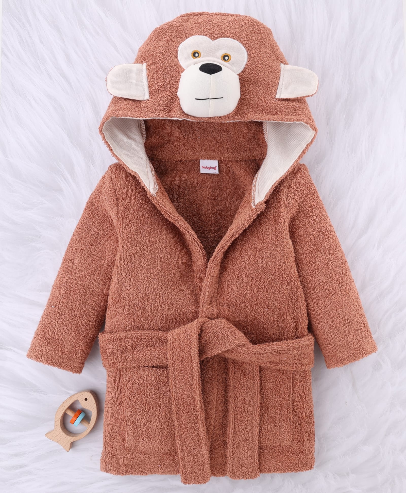 Babyhug Knit Terry Unisex Bath Robe With Monkey Hood - Brown-picture-14