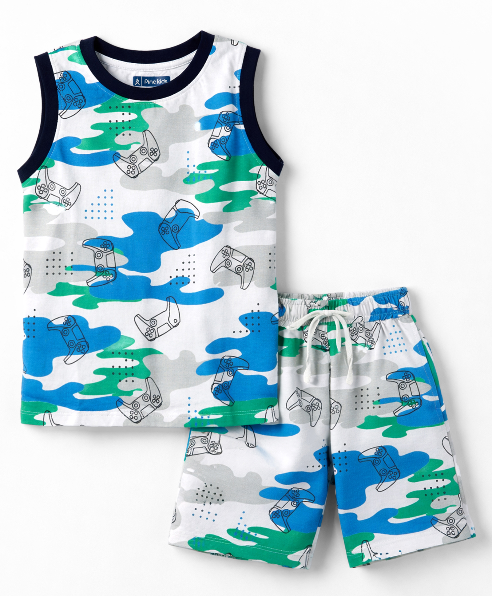 Pine Kids Cotton Knit Sleeveless T-Shirt & Shorts Co-ord Night Suit with Controller & Camouflage Print - White-image-5