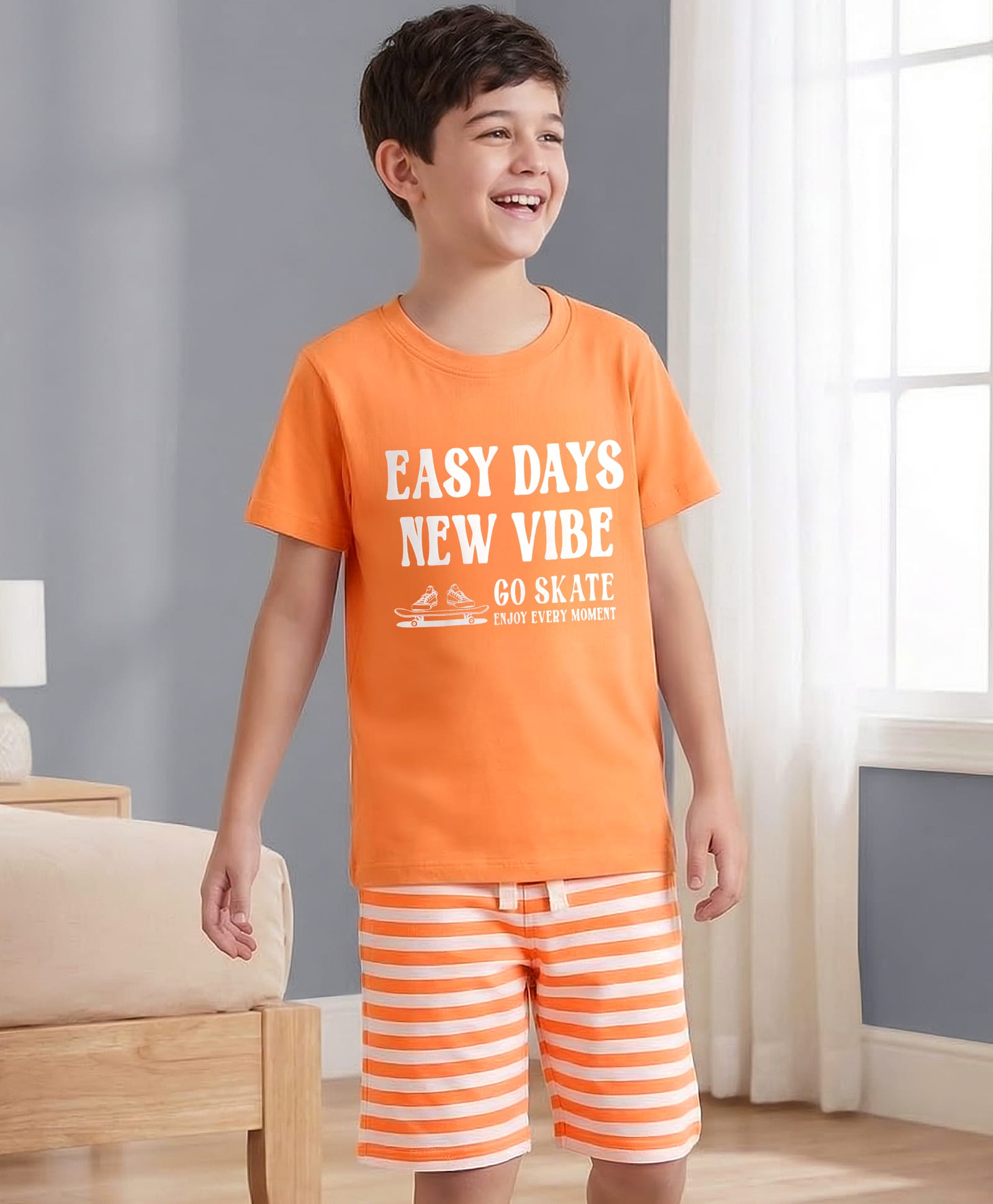 Pine Kids Cotton Knit Half Sleeves Text Printed T-Shirt & Striped Shorts Night Suit - Orange-picture-36