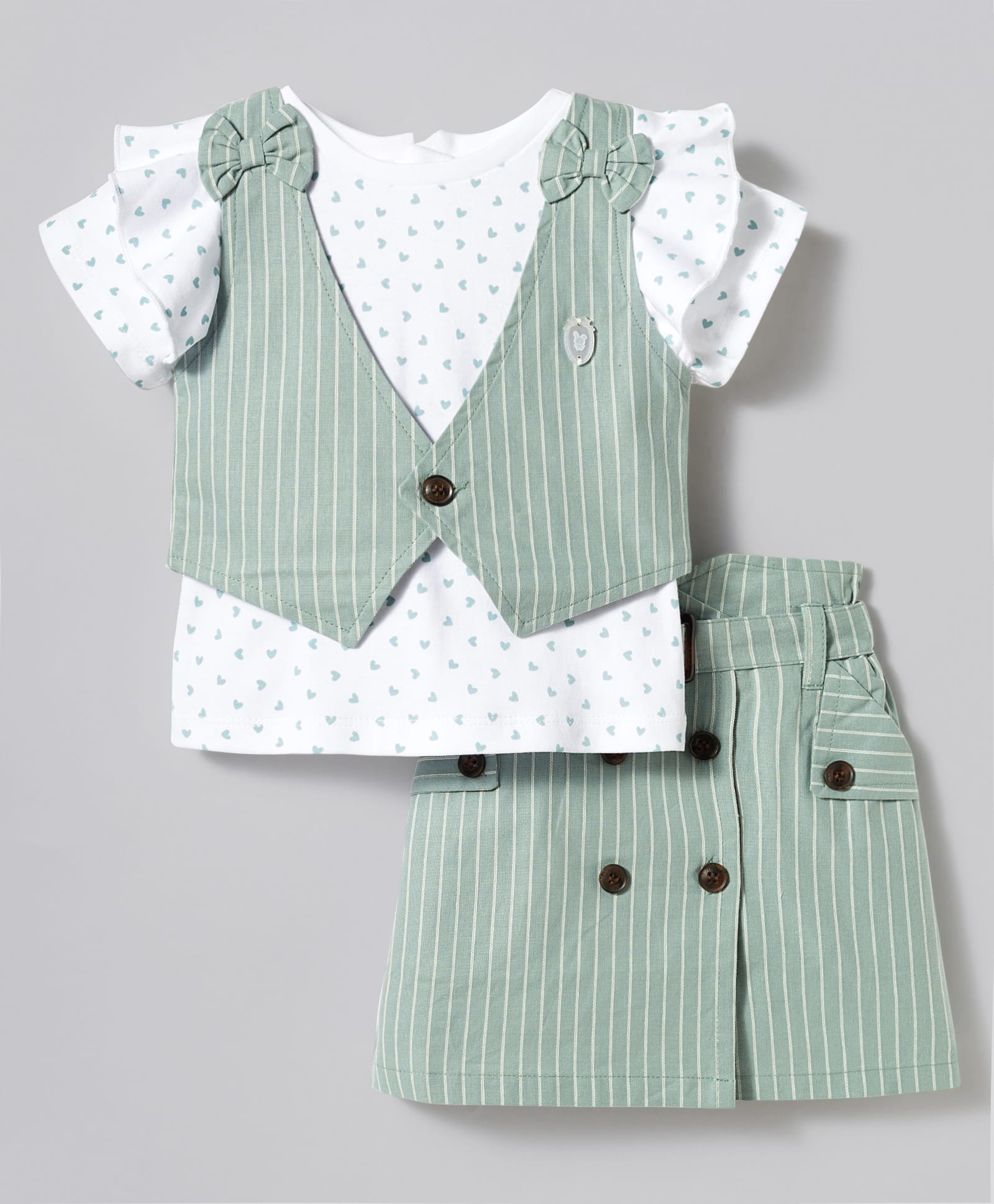 ToffyHouse Interlock Knit Half Sleeves Hearts Printed Top & Skirts With Jacket - Light Green-image-38