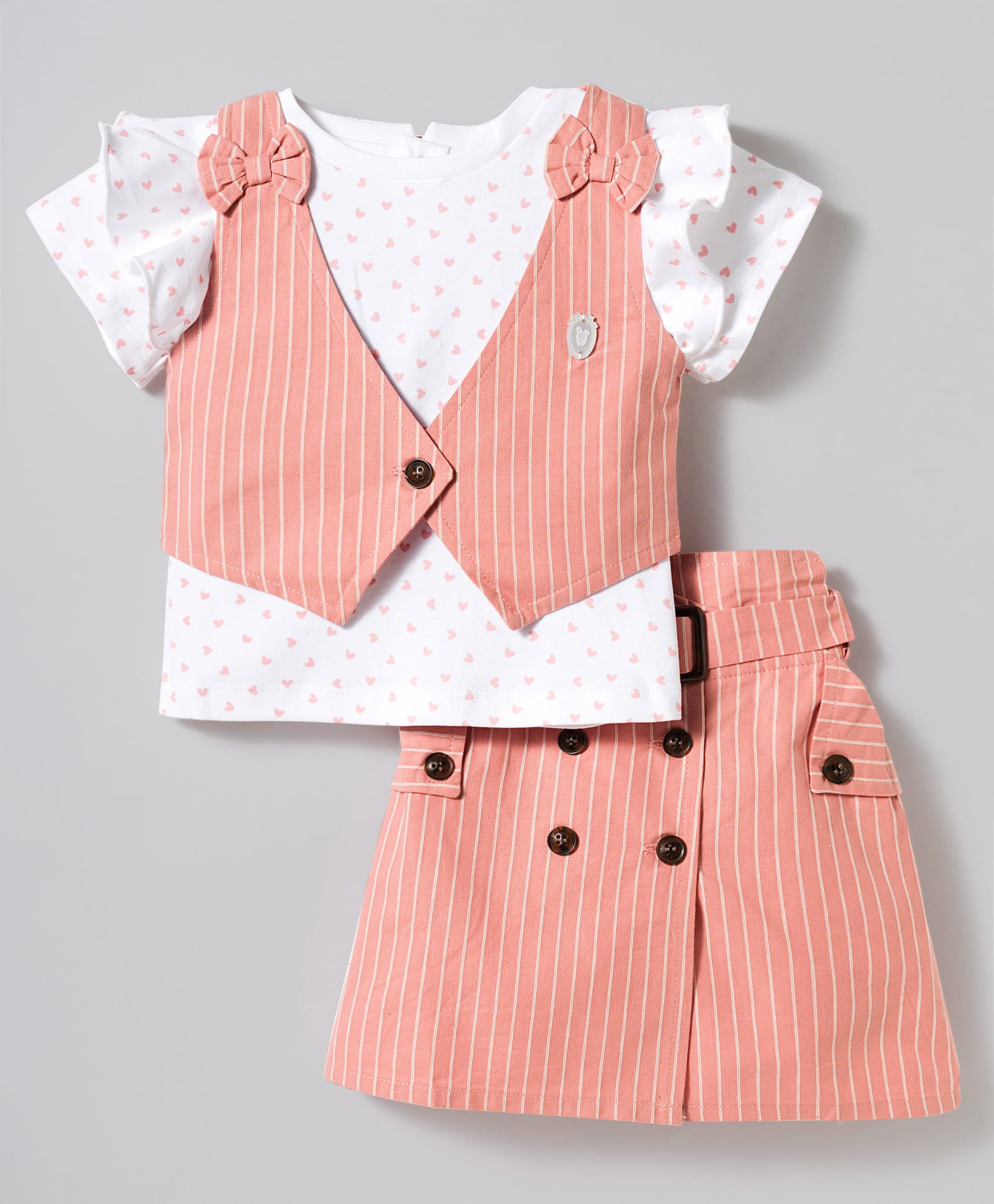 ToffyHouse Interlock Knit Half Sleeves Hearts Printed Top & Skirts With Jacket - Coral-picture-42
