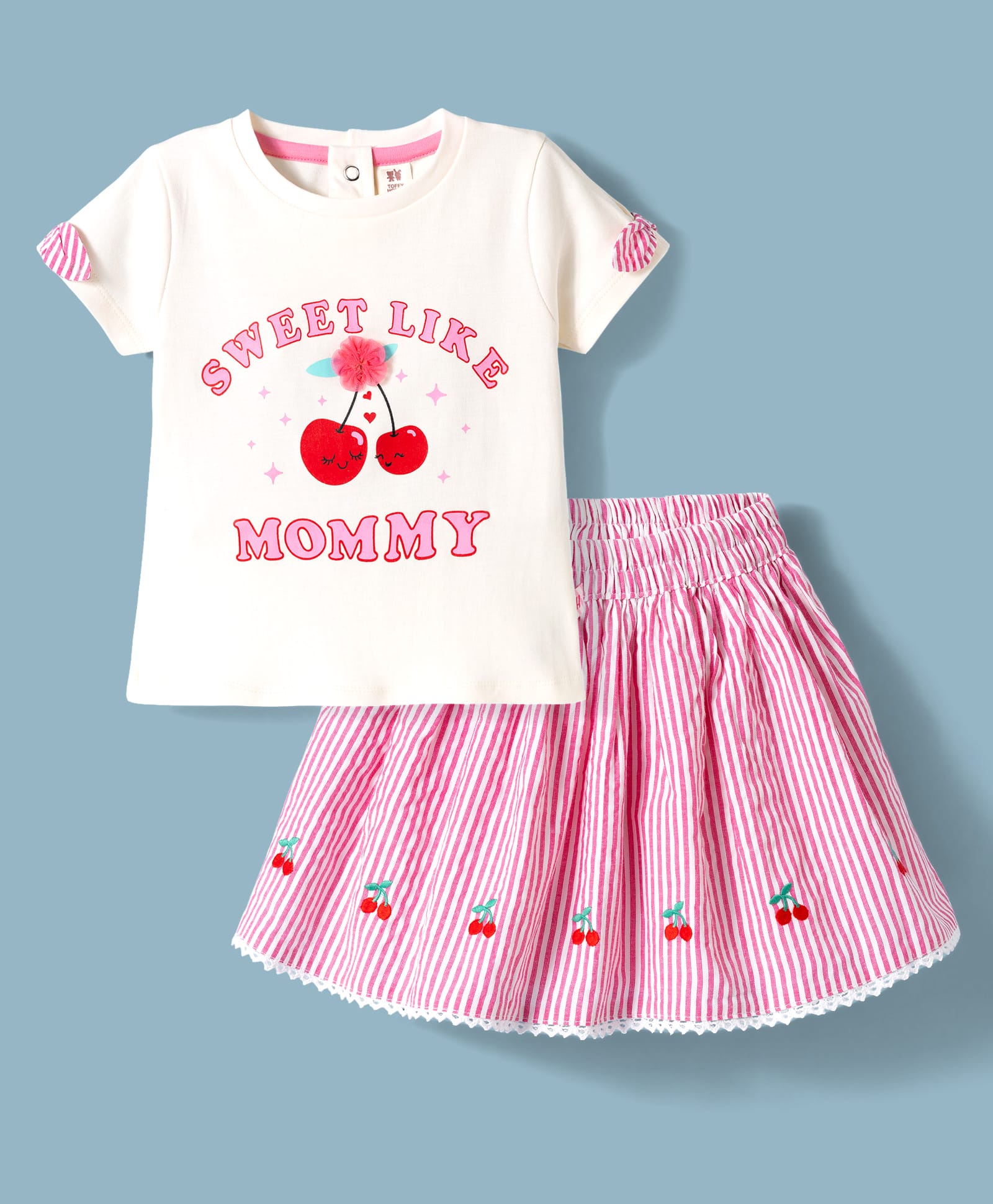 ToffyHouse Interlock Knit Half Sleeves Top & Skirt Set with Cherry Print Bow Applique & Stripes - Pink & White-picture-25