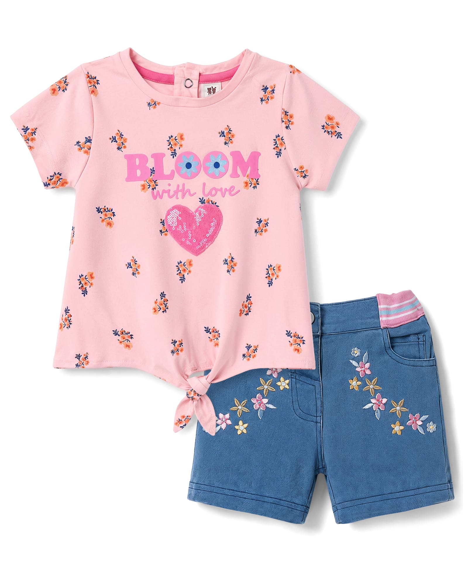 ToffyHouse Interlock Knit Half Sleeves Top & Shorts Set With Floral Print & Embroidery & Heart Sequin - Pink-image-38
