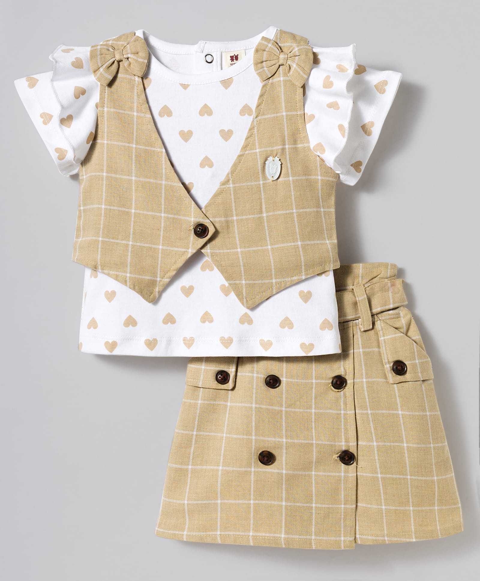 ToffyHouse Interlock Knit Half Frill Sleeves Hearts Printed Top & Skirts Set With Jacket - Khaki-image-17