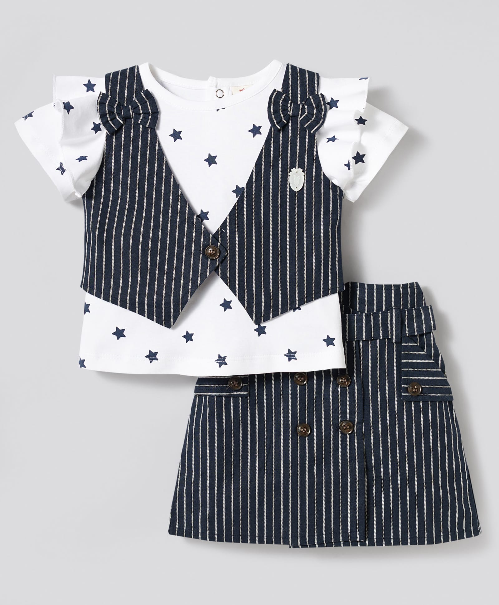 ToffyHouse Interlock Knit Half Sleeves Heart Printed & Striped Top & Skirt Set with Jacket Bow Applique & Belt - Navy Blue & White-image-30