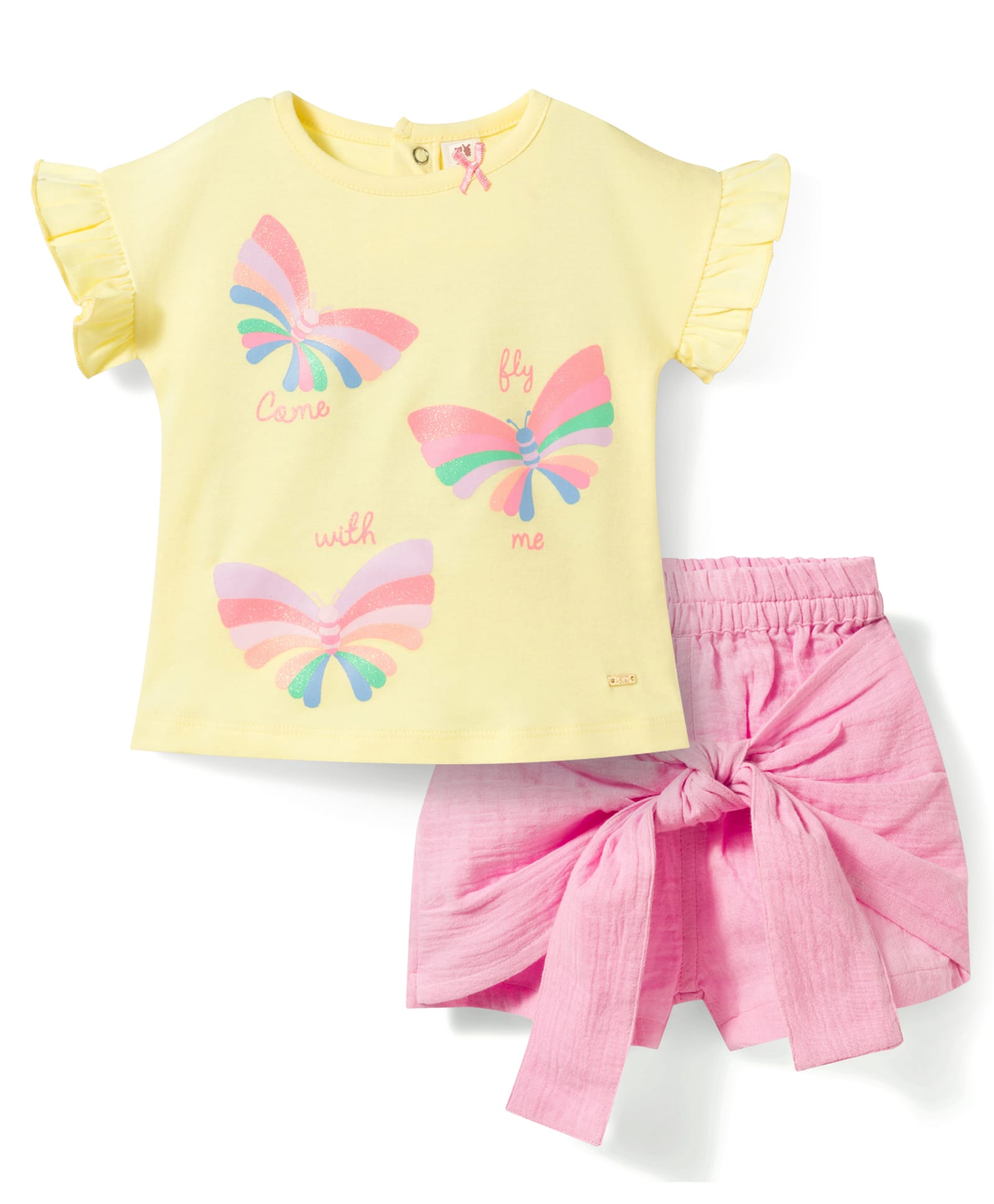 ToffyHouse Interlock Knit Half Sleeves Top & Shorts With Butterfly Print - Baby Pink & Yellow-picture-44