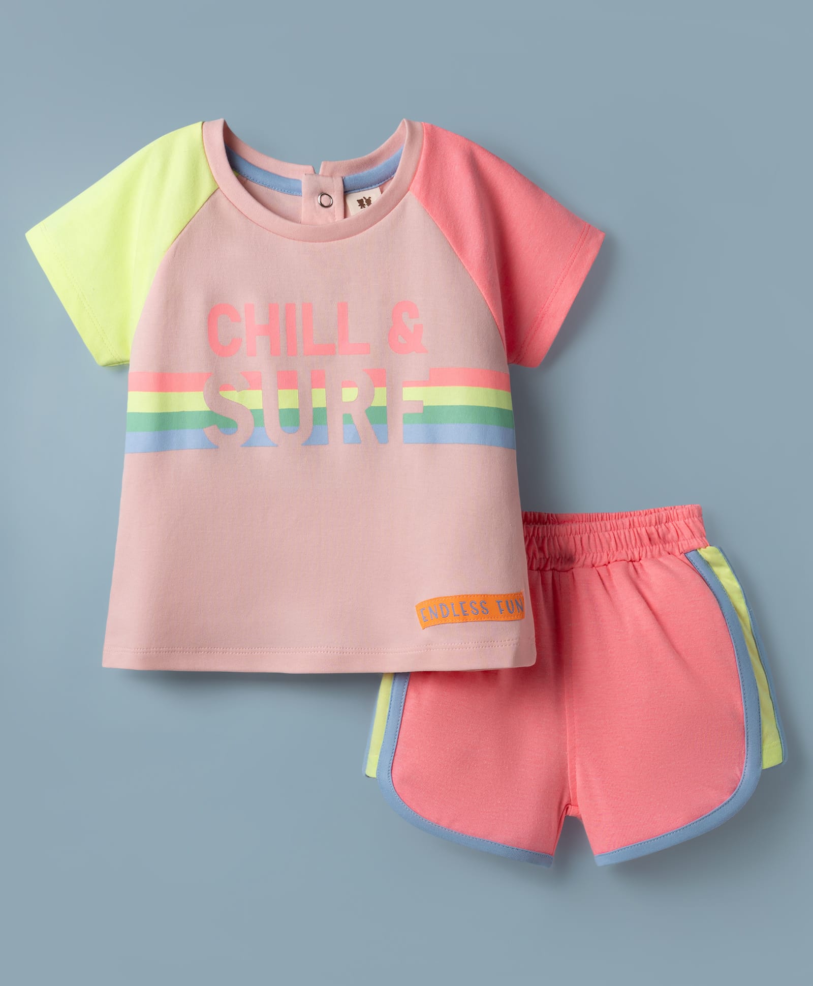ToffyHouse Interlock Knit Raglan Half Sleeves Beach Theme Printed Top & Shorts Set - Multicolour-picture-10