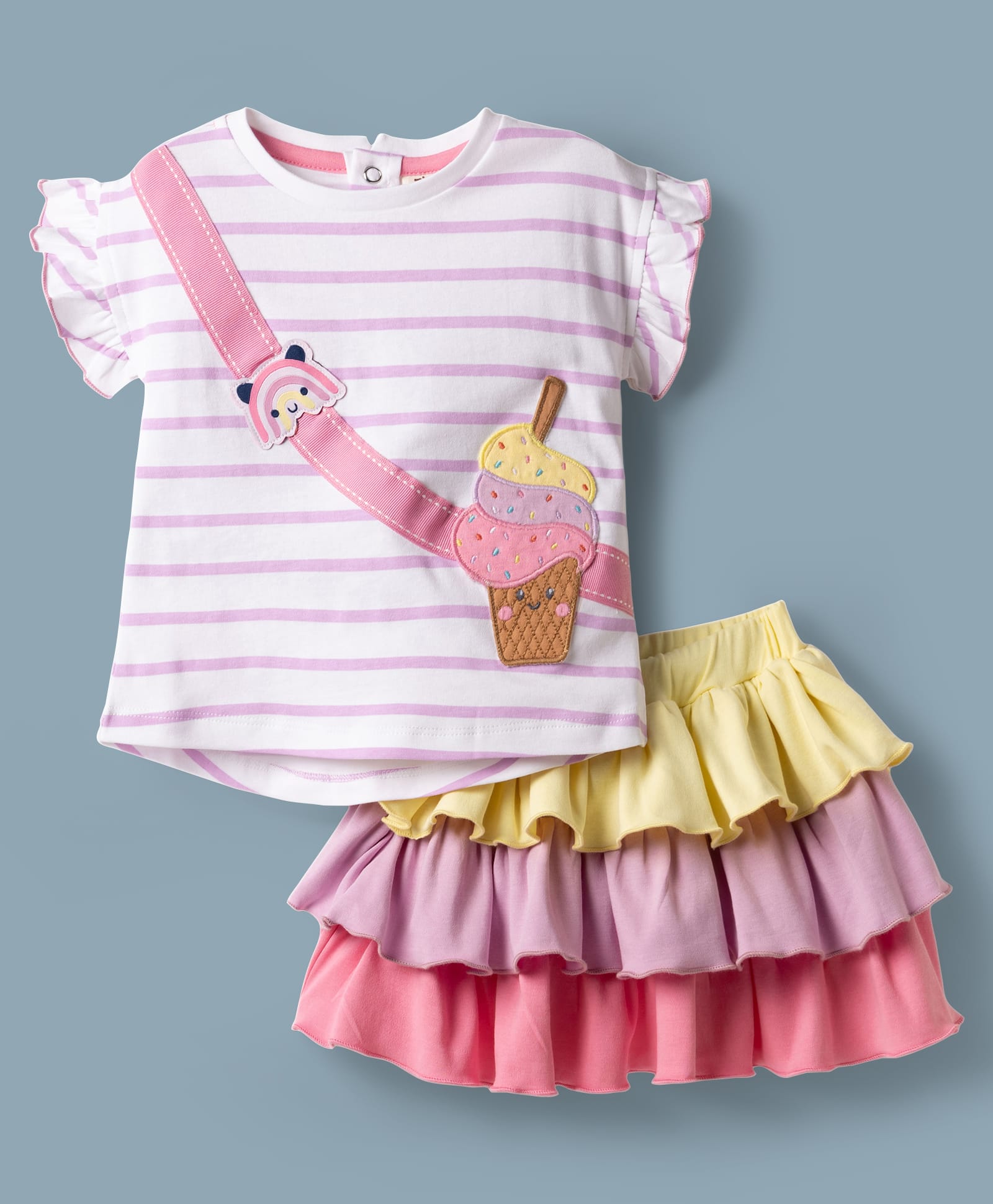 ToffyHouse Interlock Knit Half Sleeves Striped Ice Cream Embroidered Top & Layered Skirts Set - Multicolour-image-3