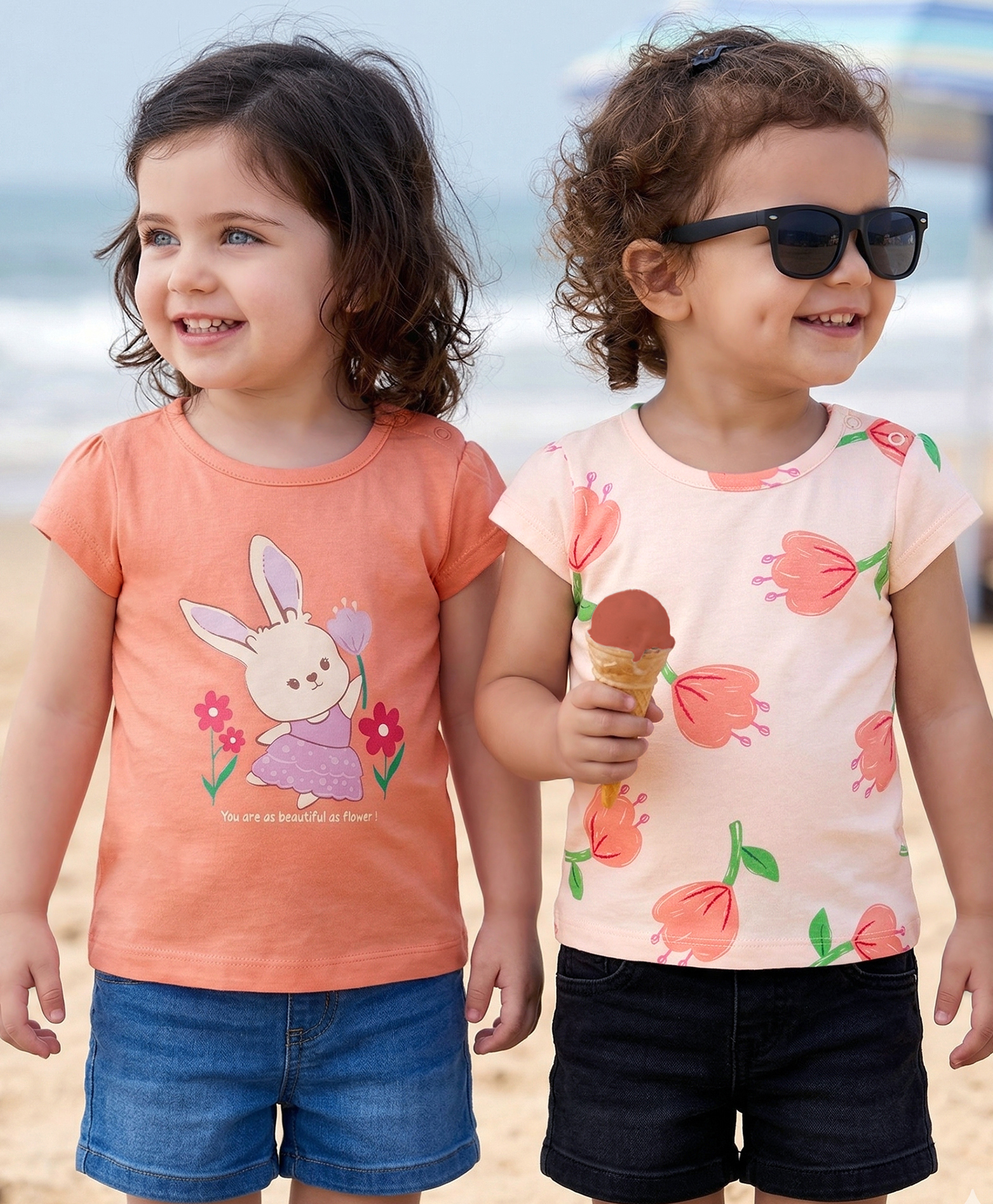 Babyoye Cotton Knit Half Sleeves T-Shirt With Floral & Bunny Print Pack of 2 - Orange & Pink-picture-14