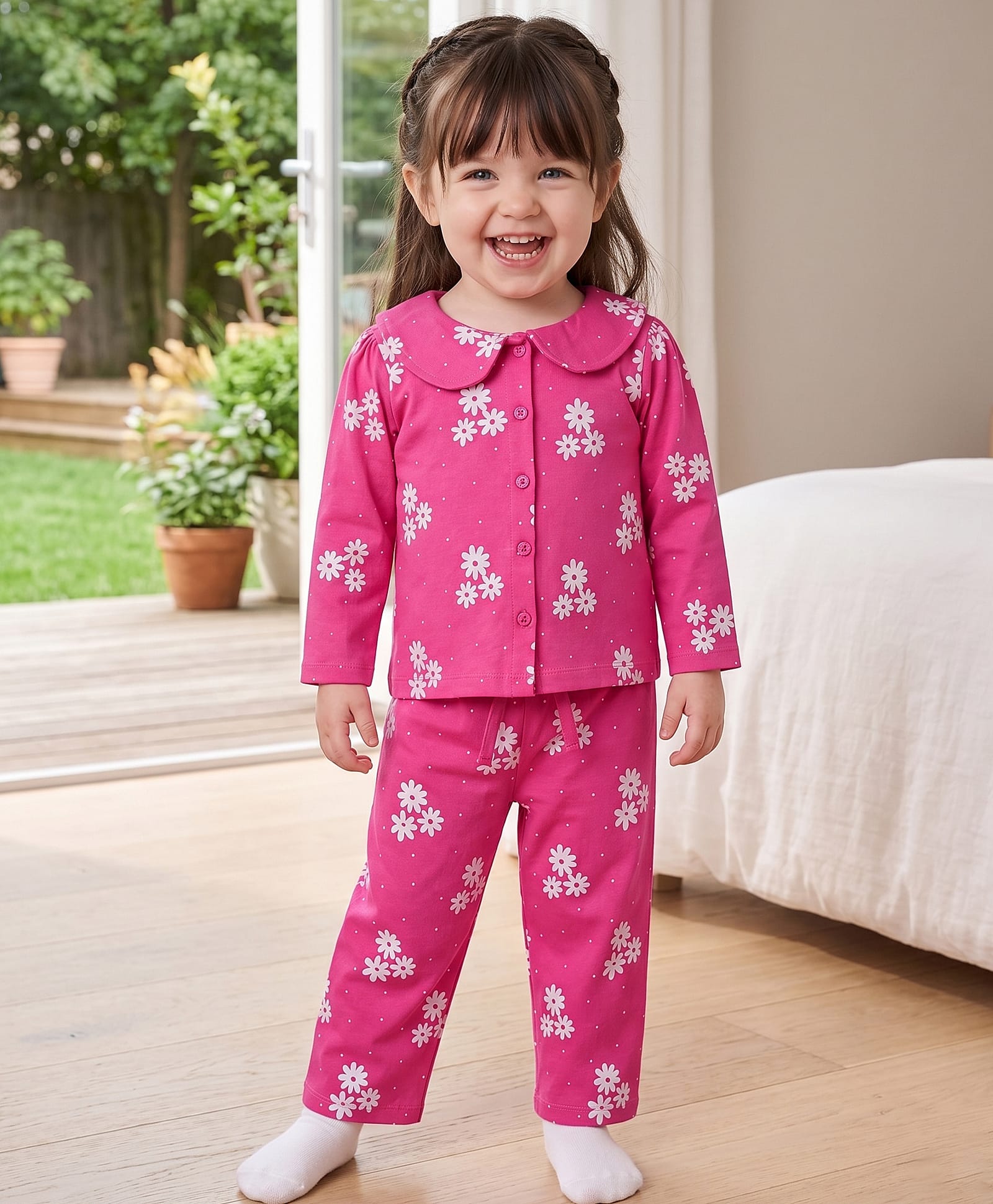 Babyoye Single Jersey Knit Full Sleeves Peter Pan Collared Shirt & Pyjama Co-Ord Night Suit With Floral Print - Pink-image-31