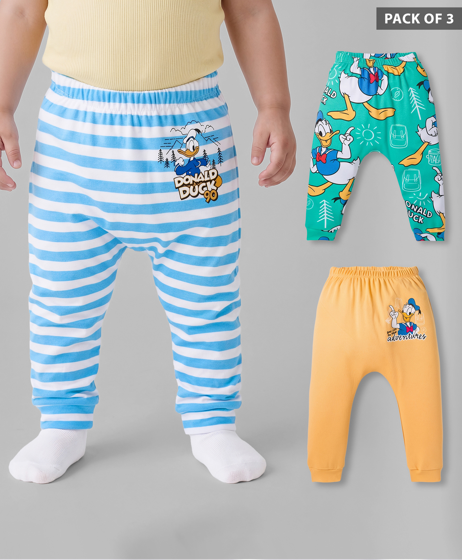 Babyhug Disney Interlock Knit Full Length Diaper Leggings with Donald Duck Graphic & Stripes Pack of 3 - Multicolor-picture-28
