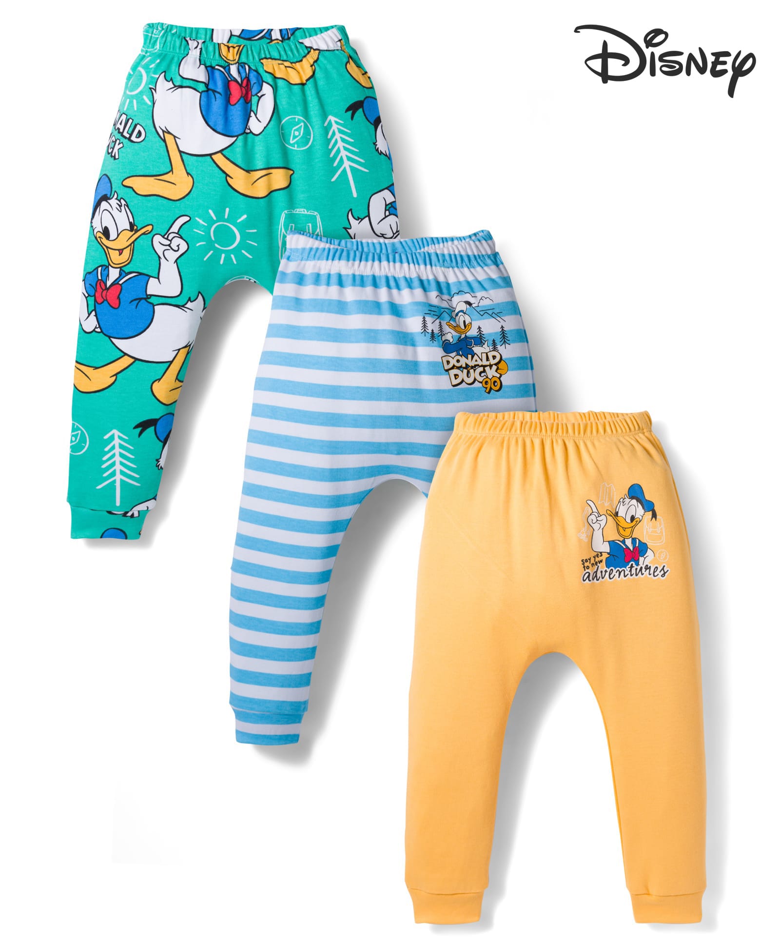 Babyhug Disney Interlock Knit Full Length Diaper Leggings with Donald Duck Graphic & Stripes Pack of 3 - Multicolor