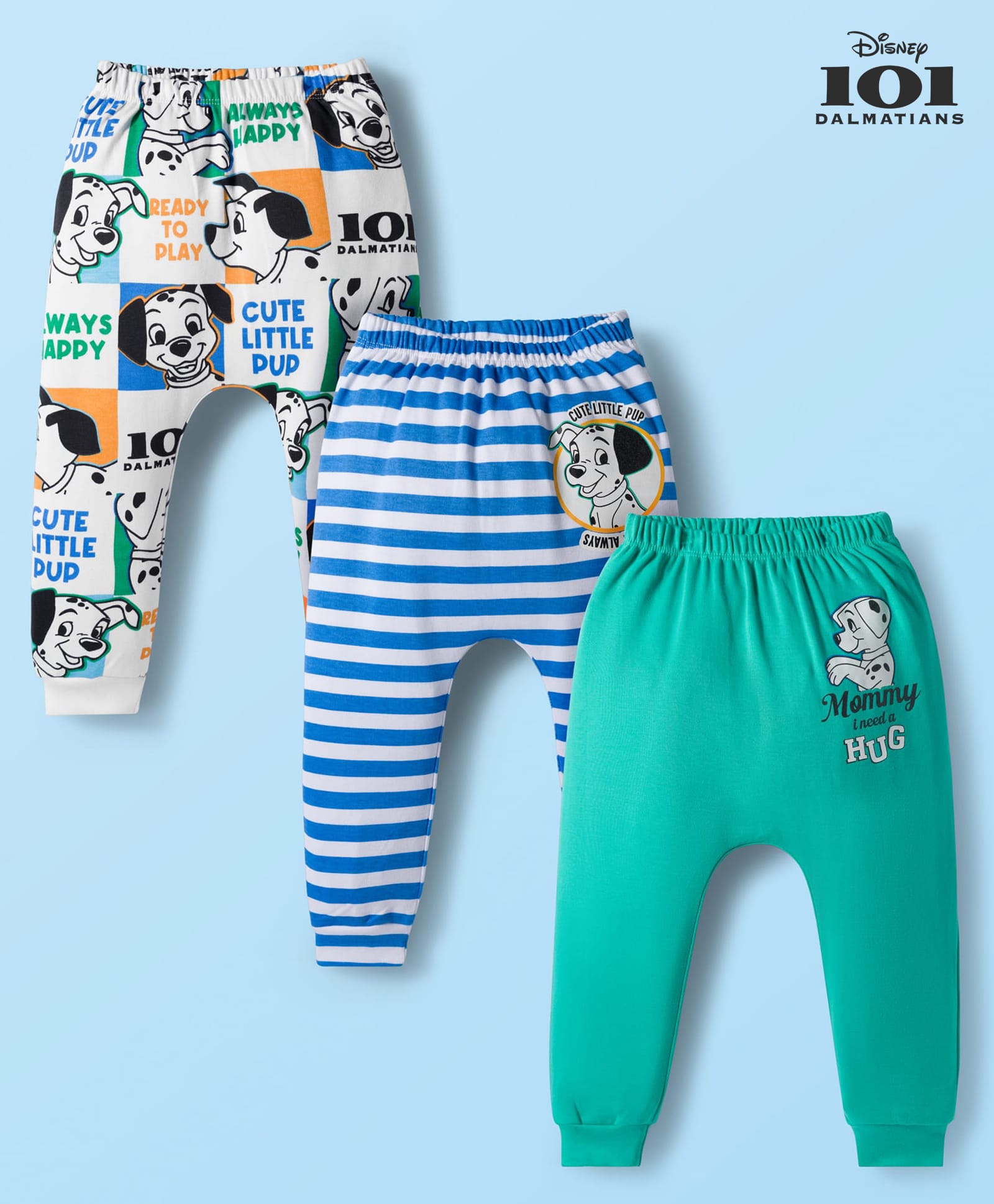 Babyhug Disney Interlock Knit Full Length 101 Dalmatians Printed Diaper Leggings Pack of 3 - White Blue & Sea Green