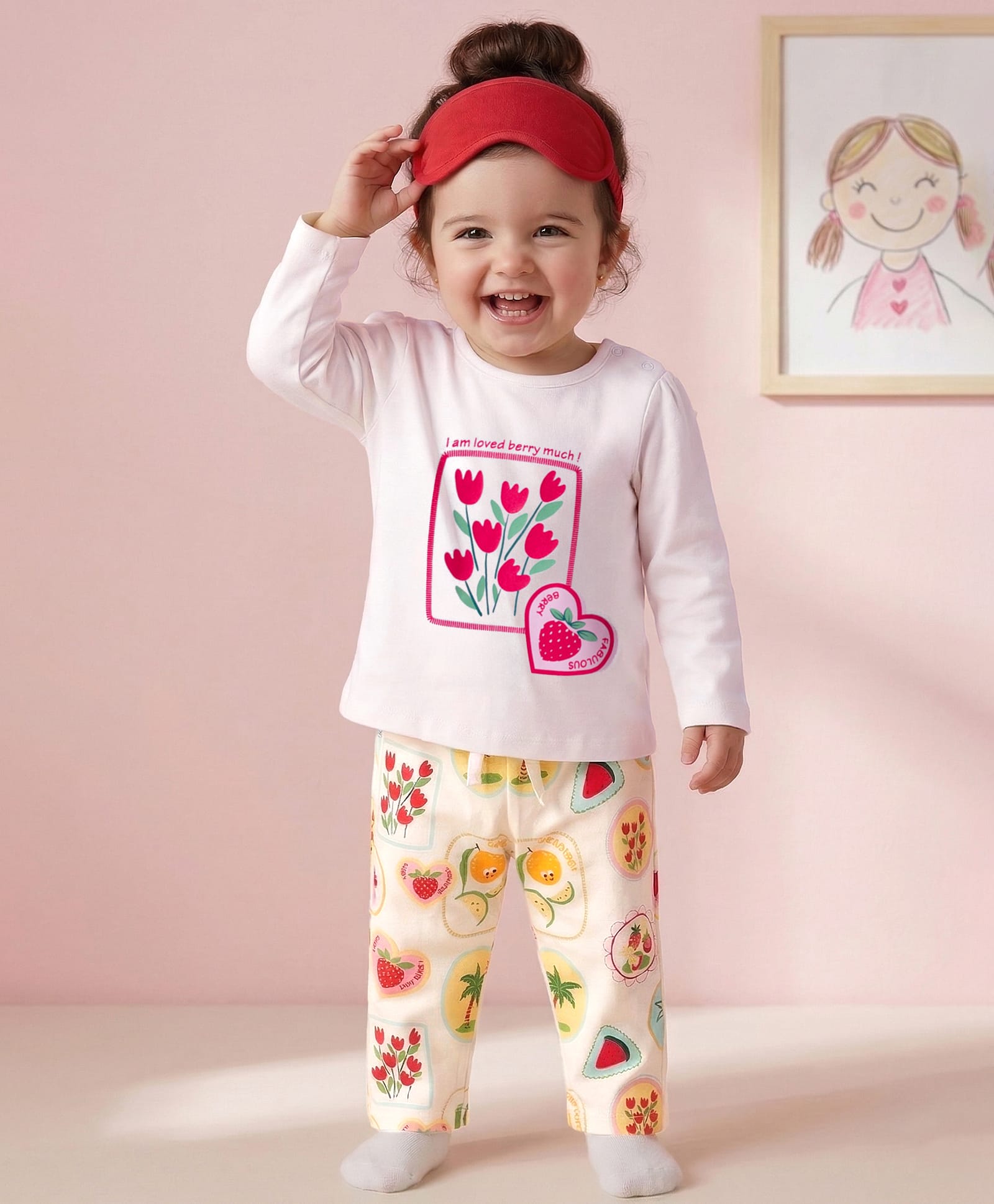 Babyoye Cotton Knit Full Sleeves Top & Pyjama Night Suit With Floral & Fruit Print - White & Yellow-image-11
