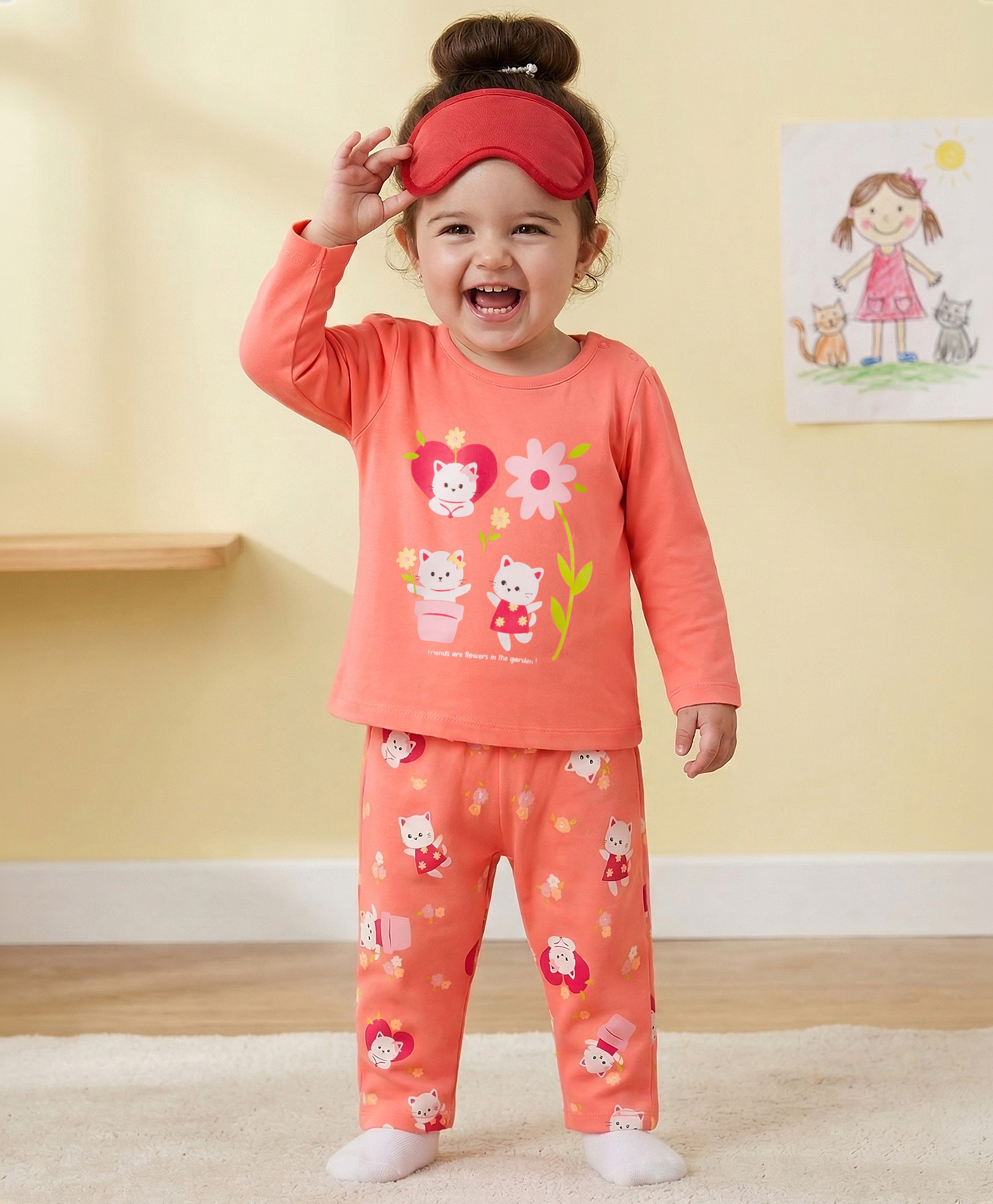 Babyoye Single Jersey Knit Full Sleeves T-Shirt & Pyjama Night Suit With Cat Print - Coral-image-24