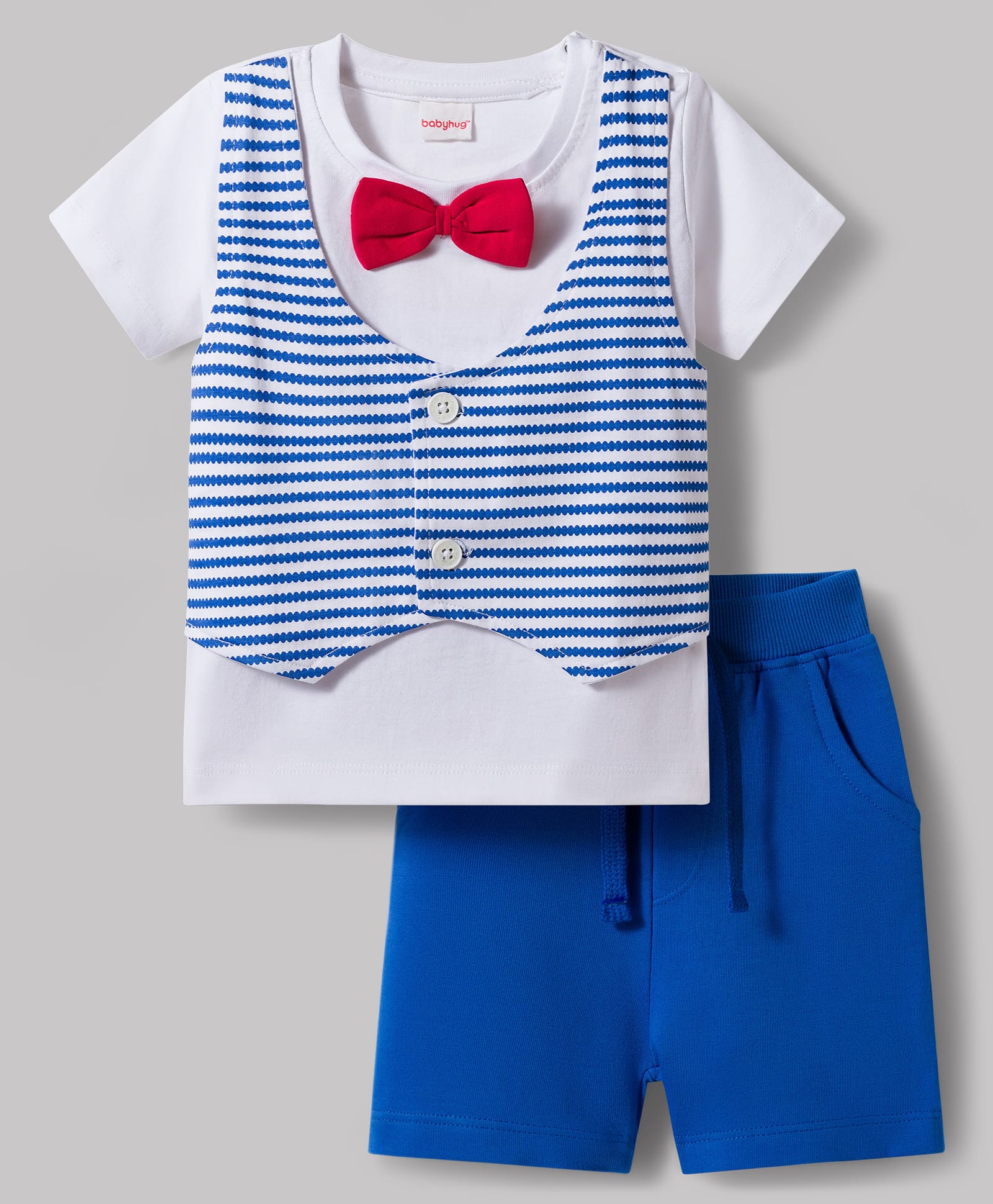 Babyhug Single Jersey Knit Half Sleeves Striped T-Shirt & Shorts Set with Bow Applique - Blue-picture-14