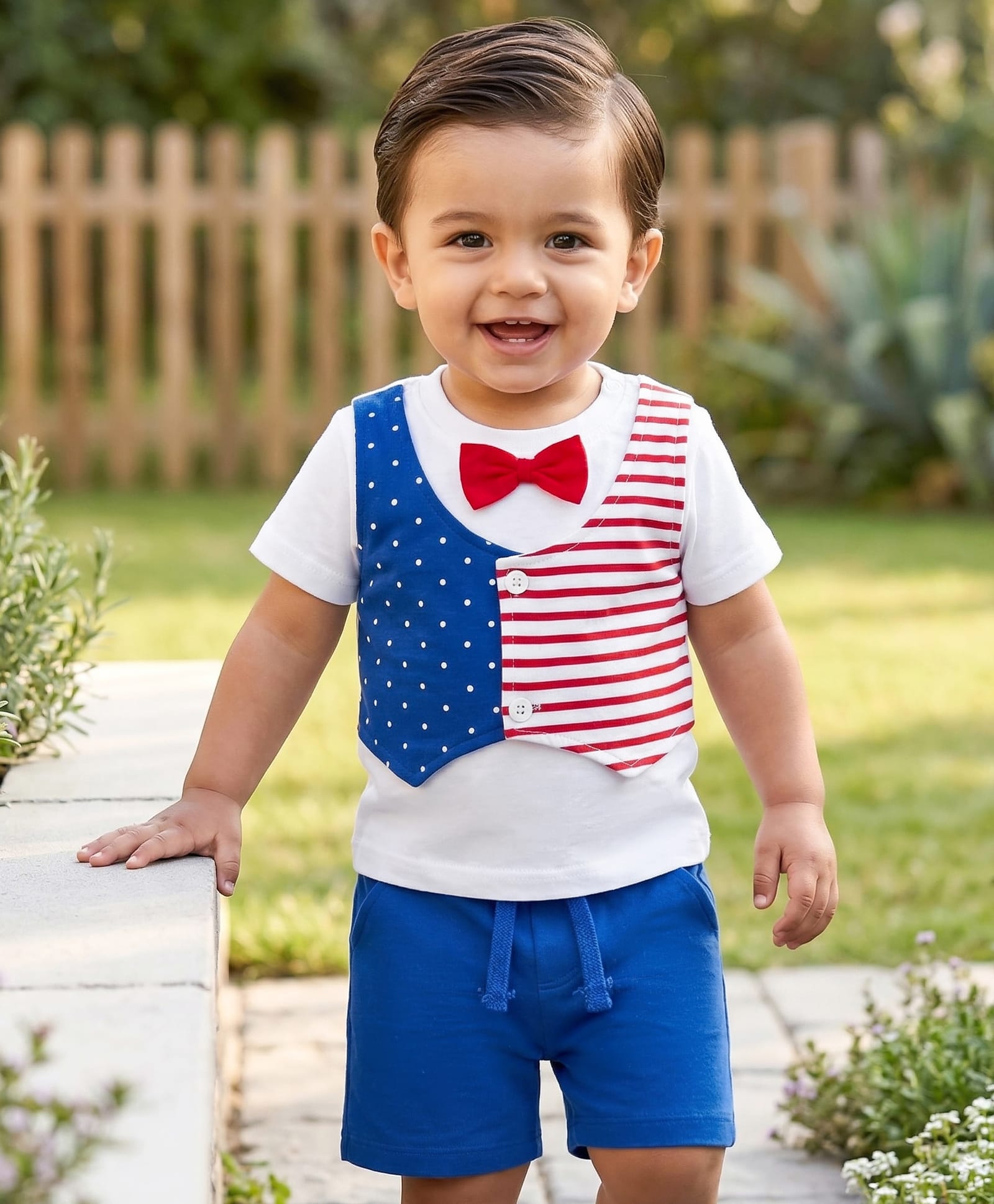 Babyhug 100% Cotton Knit Half Sleeves Polka Dots & Striped Printed T-Shirt With Attached Waiscoat & Shorts Set With Bow Applique - Multicolour-image-46