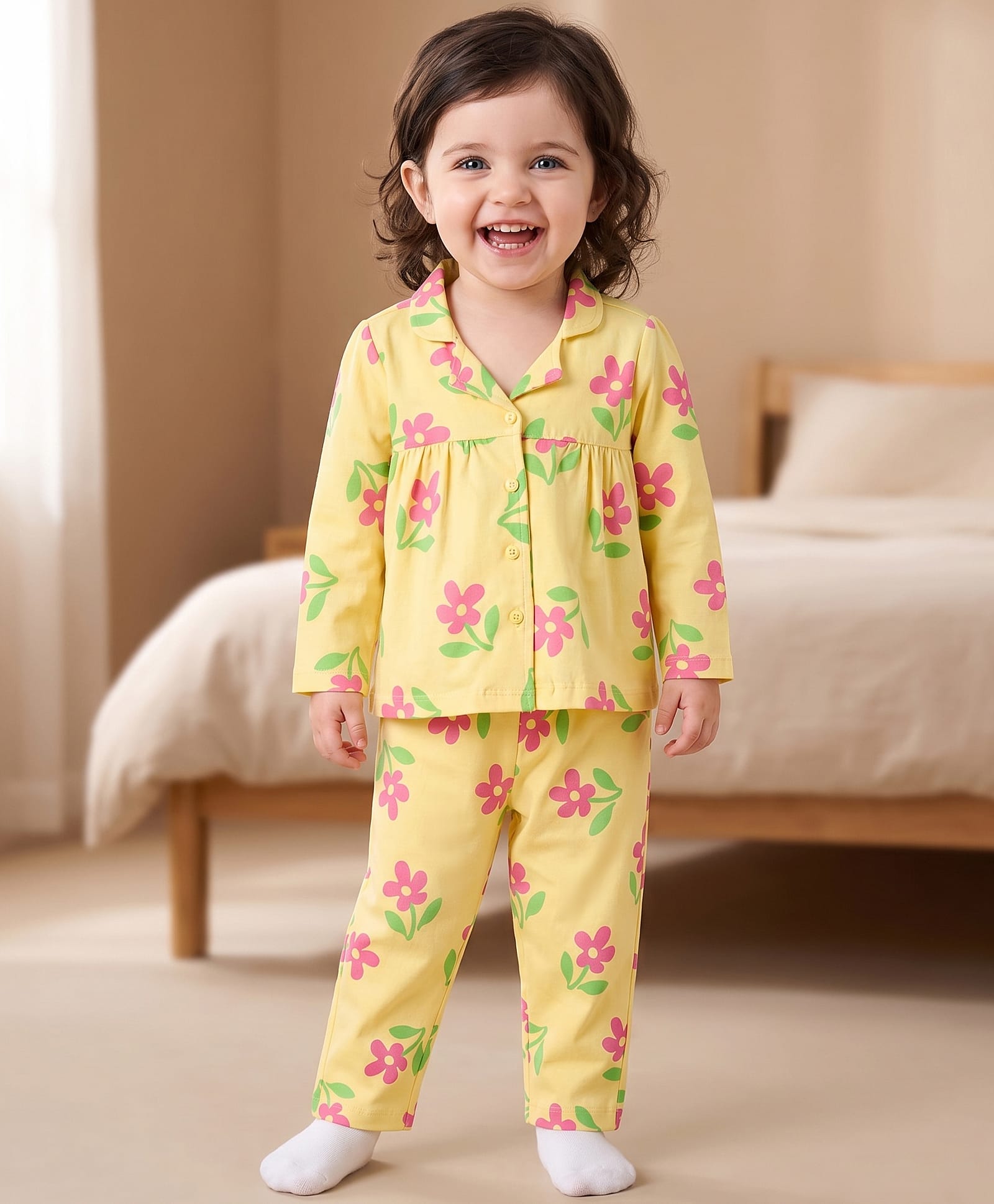 Babyoye Single Jersey Knit Full Sleeves Top & Pyjama Co-Ord Night Suit With Floral Print - Light Yellow-image-13