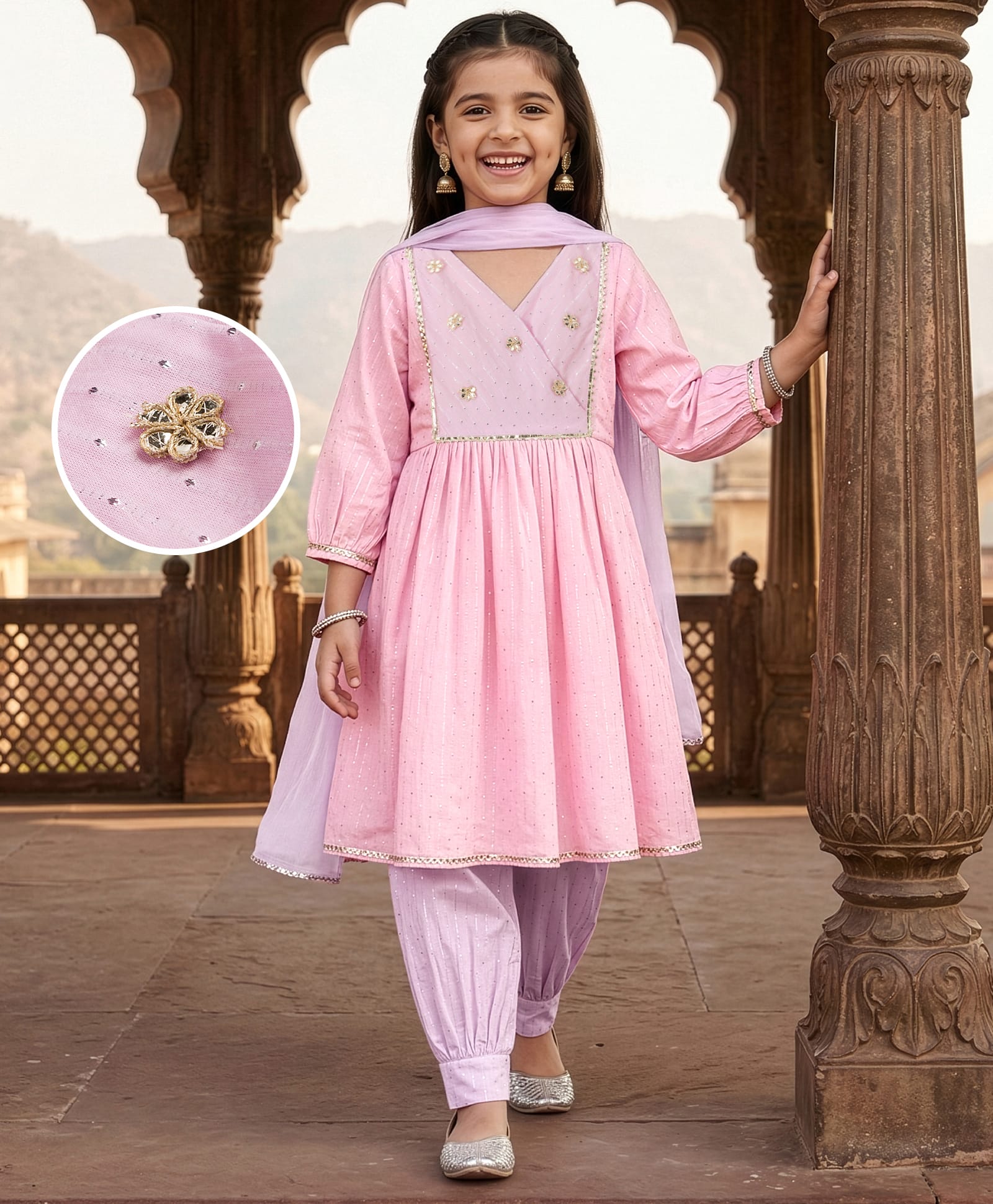 EARTHY TOUCH Lurex Woven Three Fourth Sleeves Kurta Salwar & Dupatta Set with Lace & Floral Embroidery Detailing - Pink-image-11
