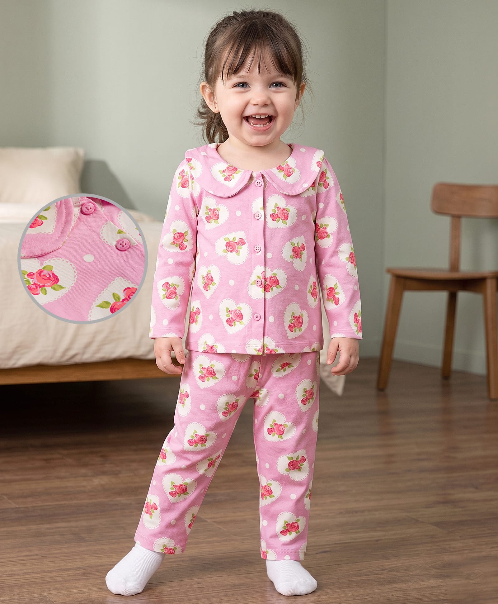 Babyoye Single Jersey Knit Full Sleeves Peter Pan Collared Shirt & Pyjama Co-Ord Night Suit With Floral Print - Pink-image-4