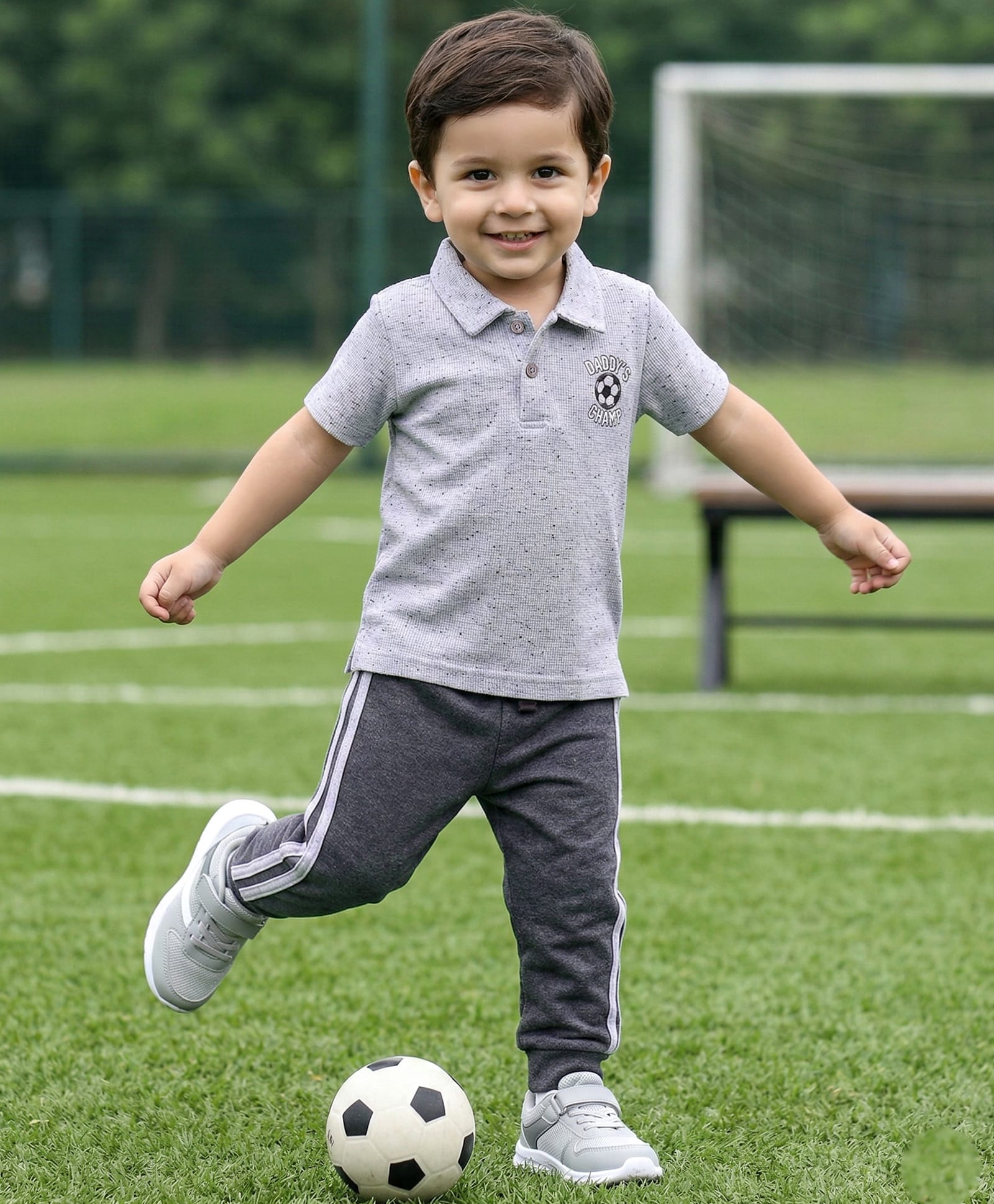 Babyhug Single Jersey Knit Half Sleeves Polo T-Shirt & Lounge Pant Set with Daddy's Champ Embroidery - Grey-image-6