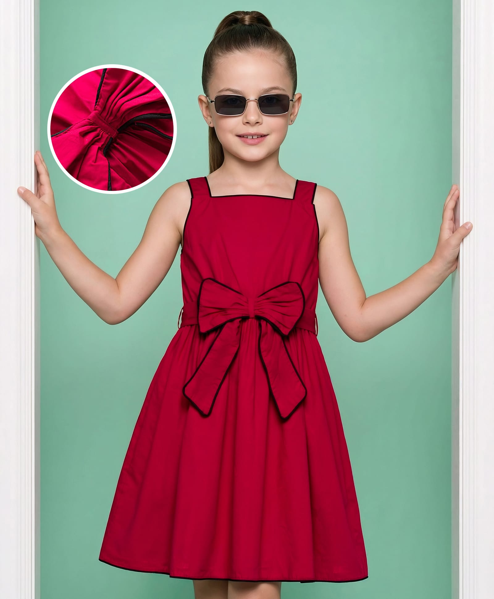 Hola Bonita 100% Cotton Woven Sleeveless Solid Dress With Bow Applique & Belt - Red-image-23
