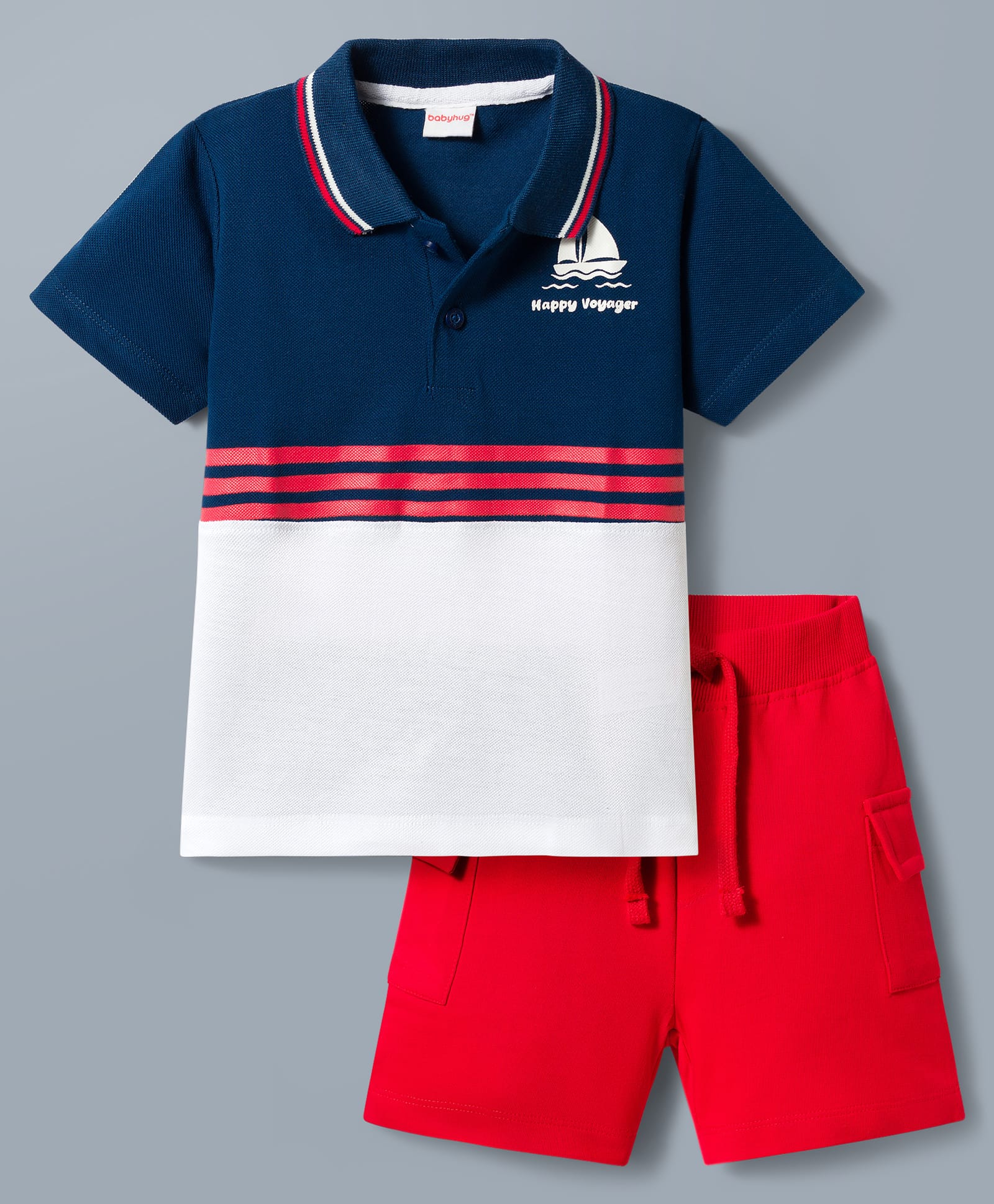 Babyhug Single Jersey Knit Half Sleeves Cut & Sew Polo T-Shirt & Shorts Set - Blue & Red-image-42
