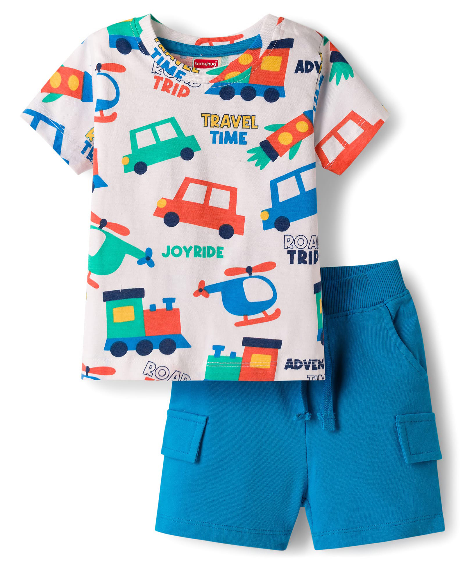 Babyhug 100% Cotton Knit Half Sleeves Vehicles Printed T-Shirt & Shorts Set - Multicolour-image-35