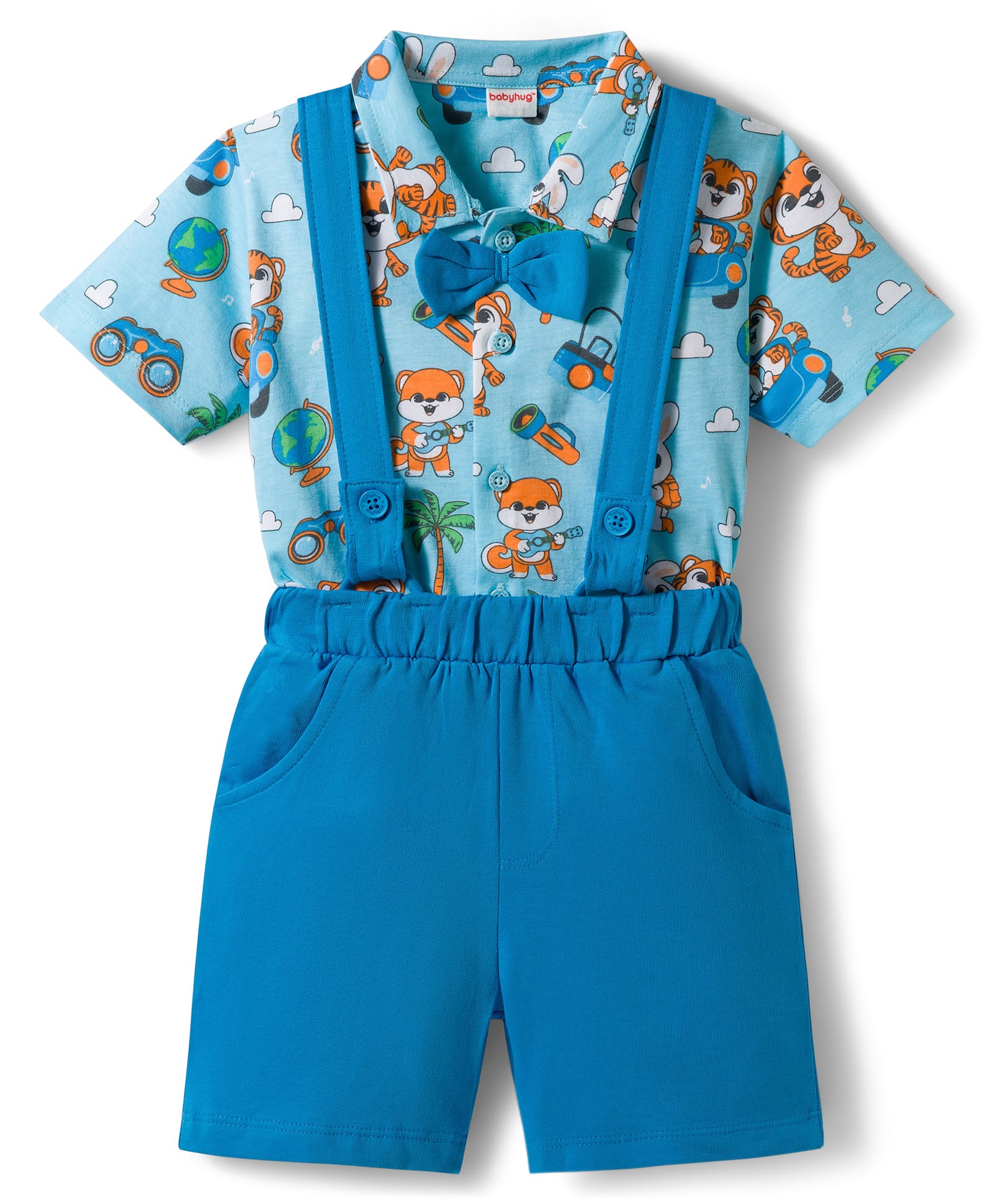 Babyhug Single Jersey Knit Half Sleeves Shirt & Shorts Set With Tiger Print & Bow Applique - Multicolor-picture-22