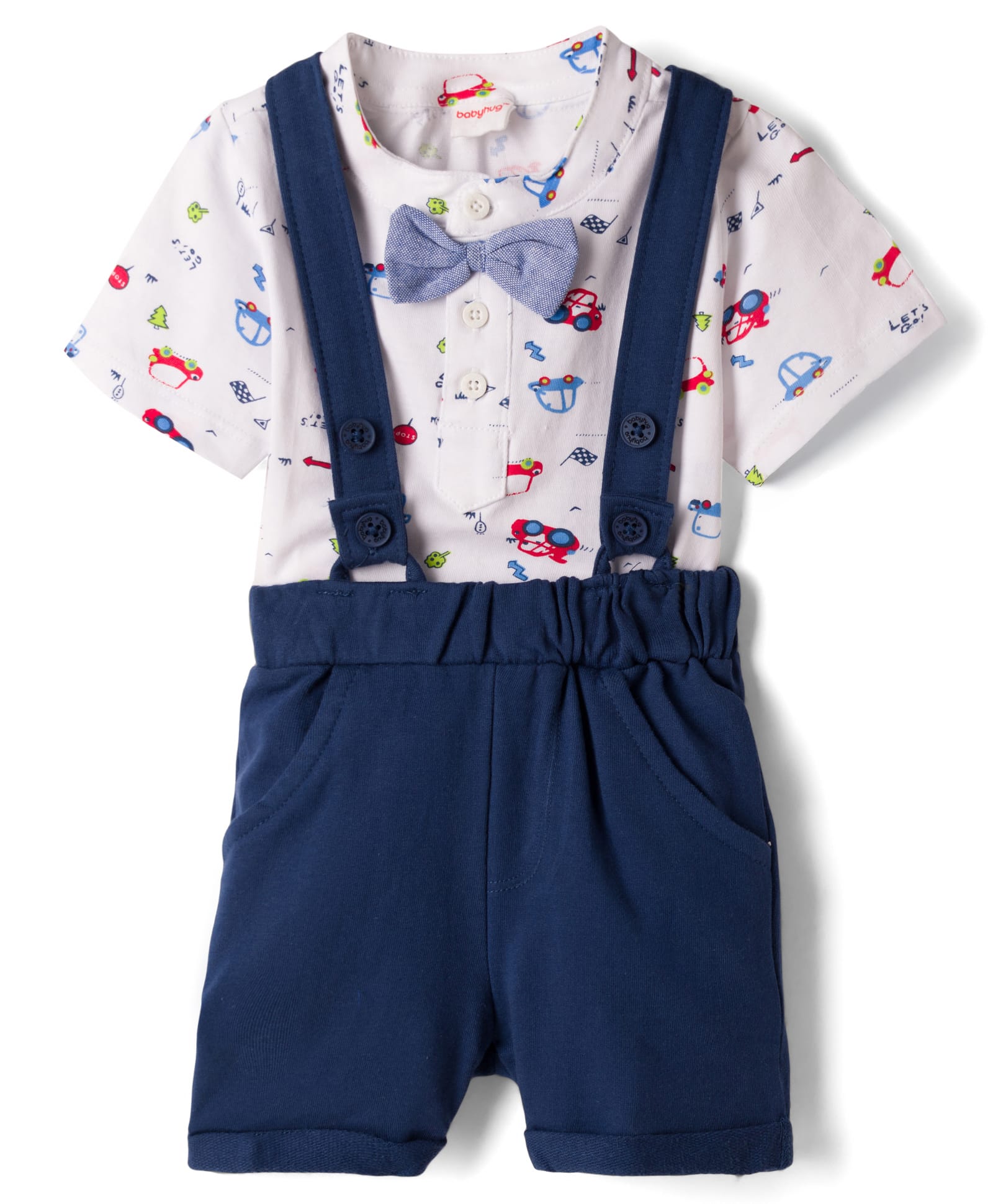 Babyhug 100% Cotton Knit Half Sleeves Vehicles Printed T-Shirt & Shorts Set With Suspender & Bow Applique - White & Navy Blue-image-46