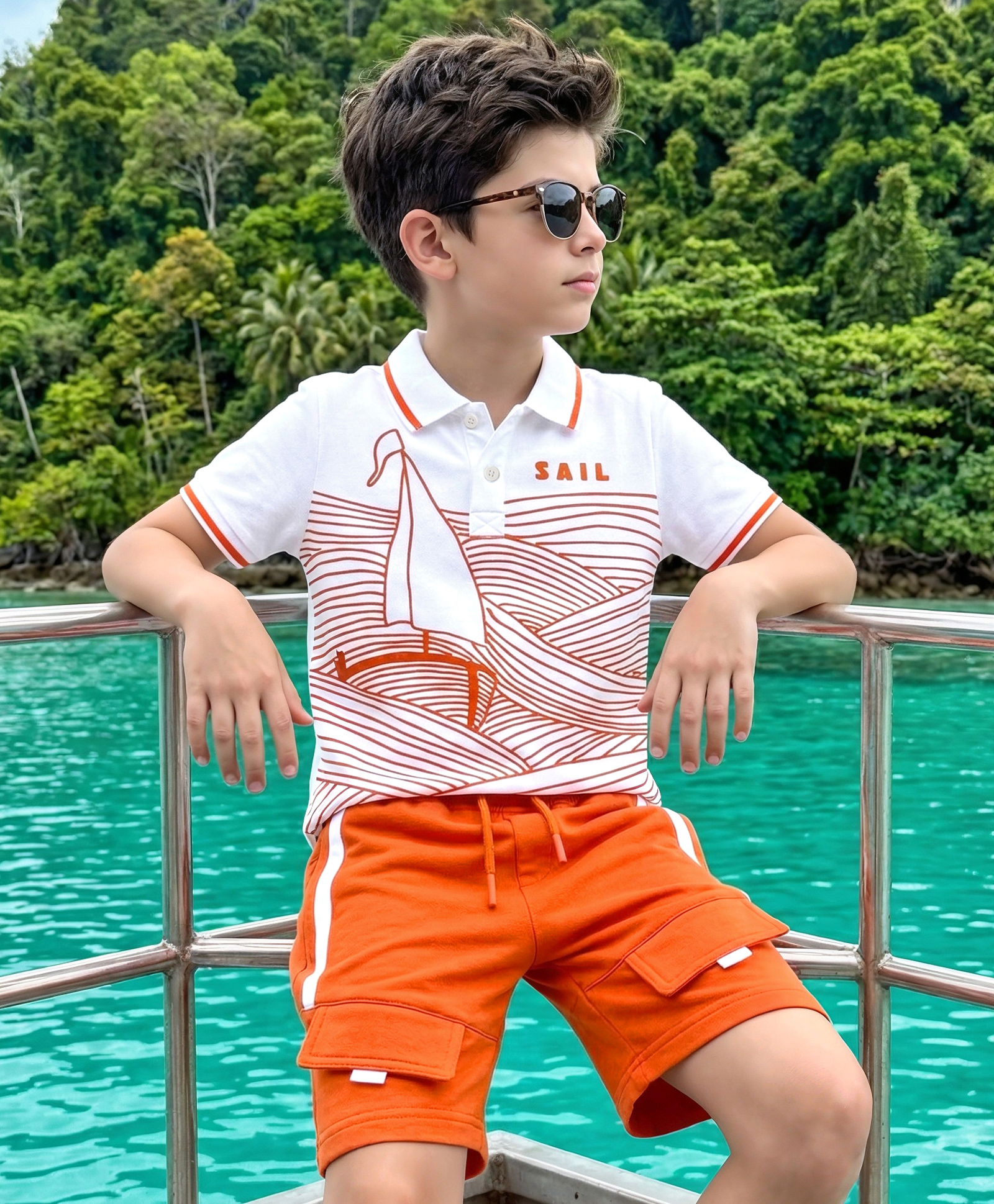 OLLINGTON ST. Cotton Knit Half Sleeves Polo T-Shirt With Print & Shorts Set - White & Rust Orange-picture-15