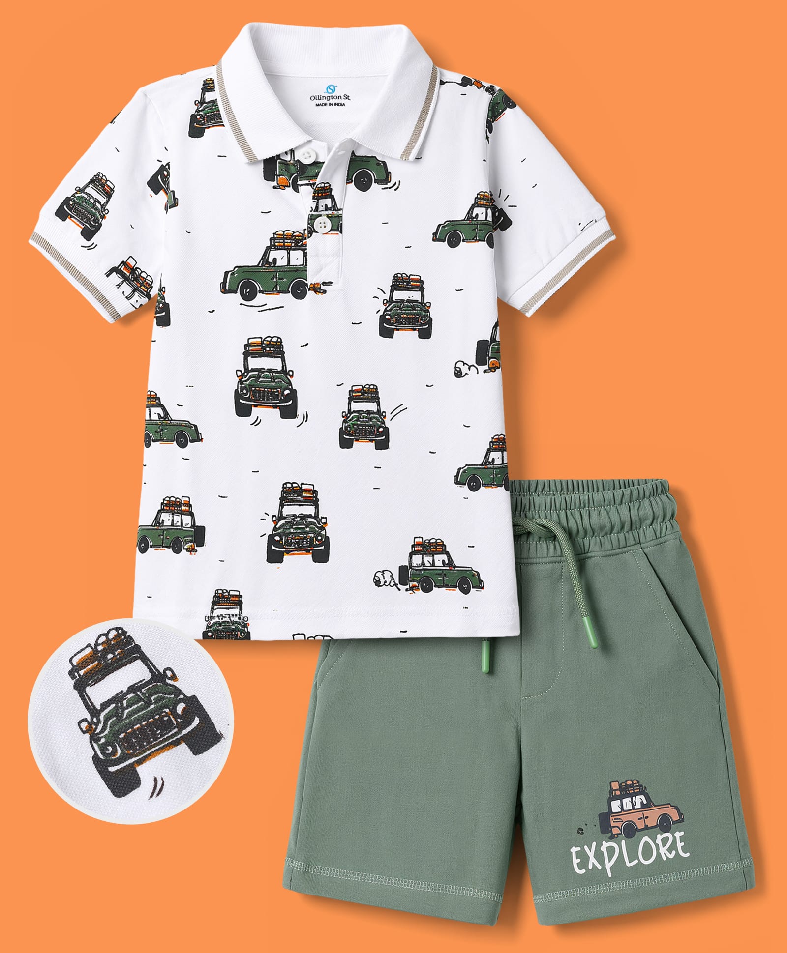 OLLINGTON ST. Cotton Knit Half Sleeve Polo T-Shirt With Vehicle Print & Shorts - White & Green-image-18