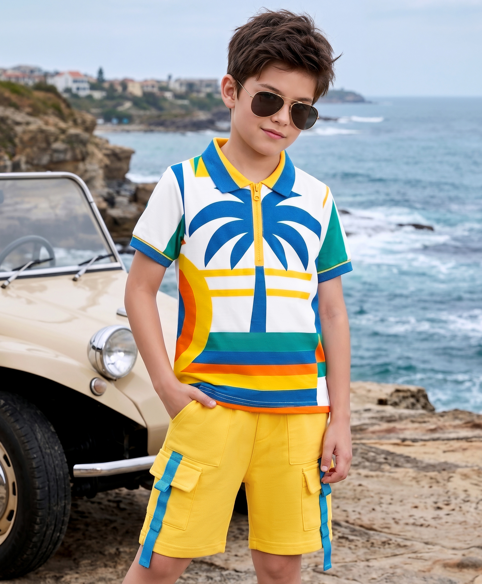 OLLINGTON ST. Cotton Knit Half Sleeve T-Shirt With Beach Theme Print & Shorts Set - Multicolour & Yellow-image-17