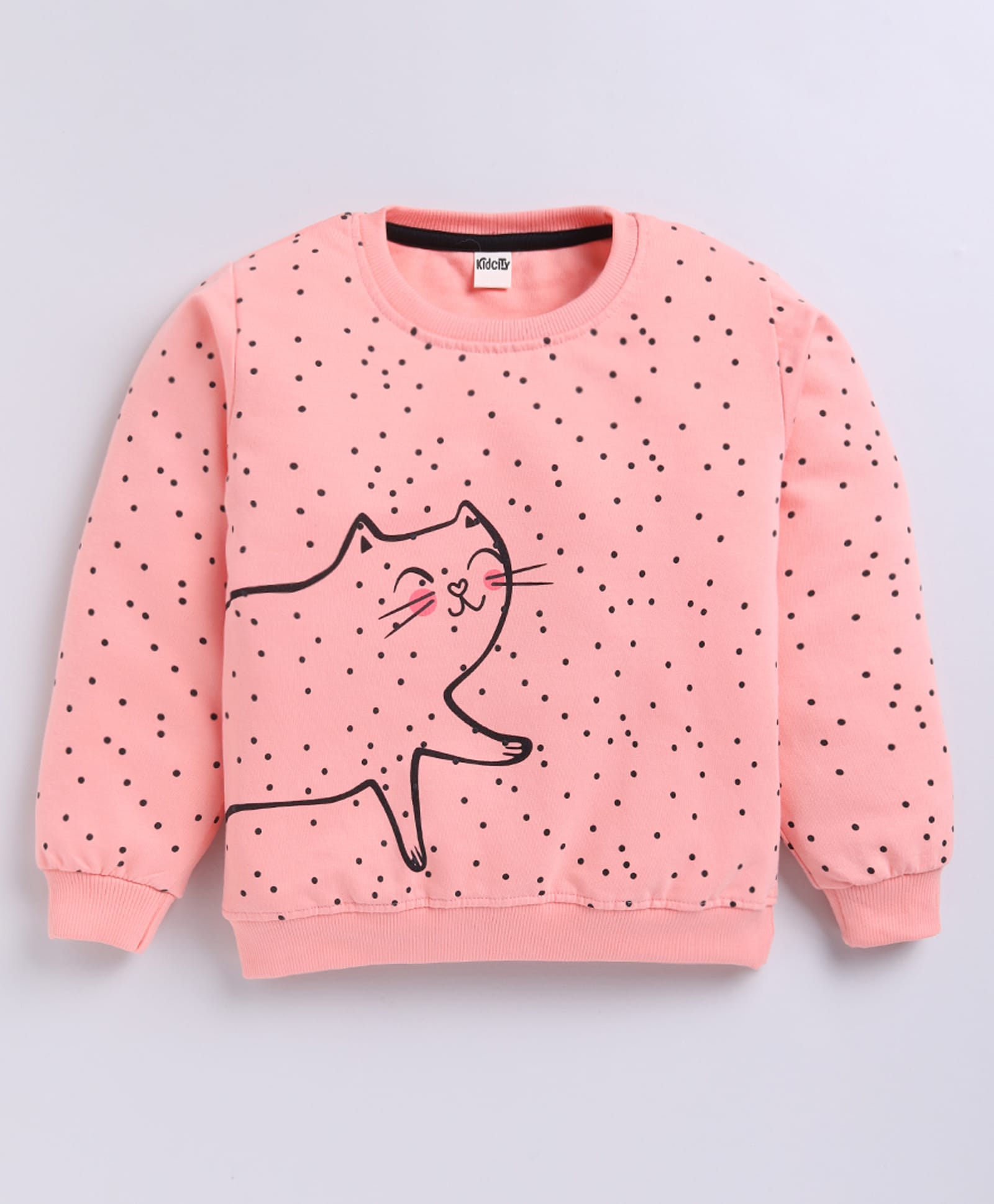 Kidcity Cotton Looper Knit Full Sleeves Cat Printed Light Winter Sweatshirt - Peach-picture-20