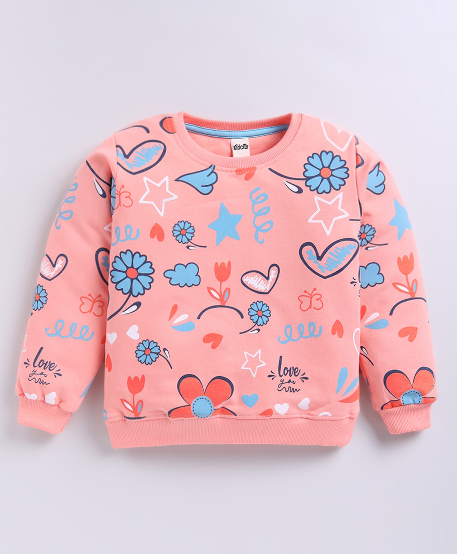 Kidcity Cotton Looper Knit Full Sleeves Hearts & Floral Printed Light Winter Sweatshirt - Peach-picture-17