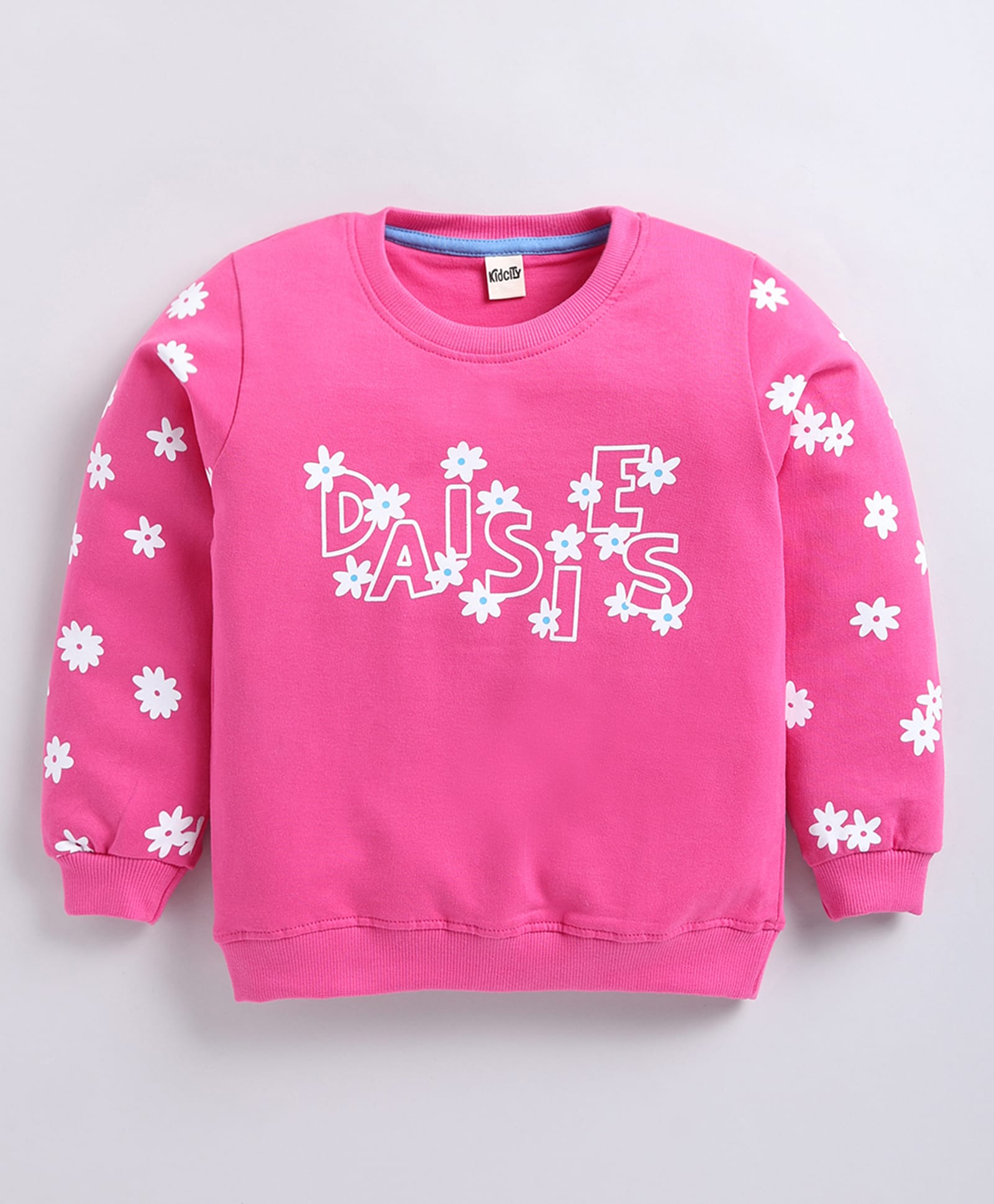 Kidcity Fleece Knit Full Sleeves Daisies Text & Floral Printed Light Winter Sweatshirt - Pink-image-46