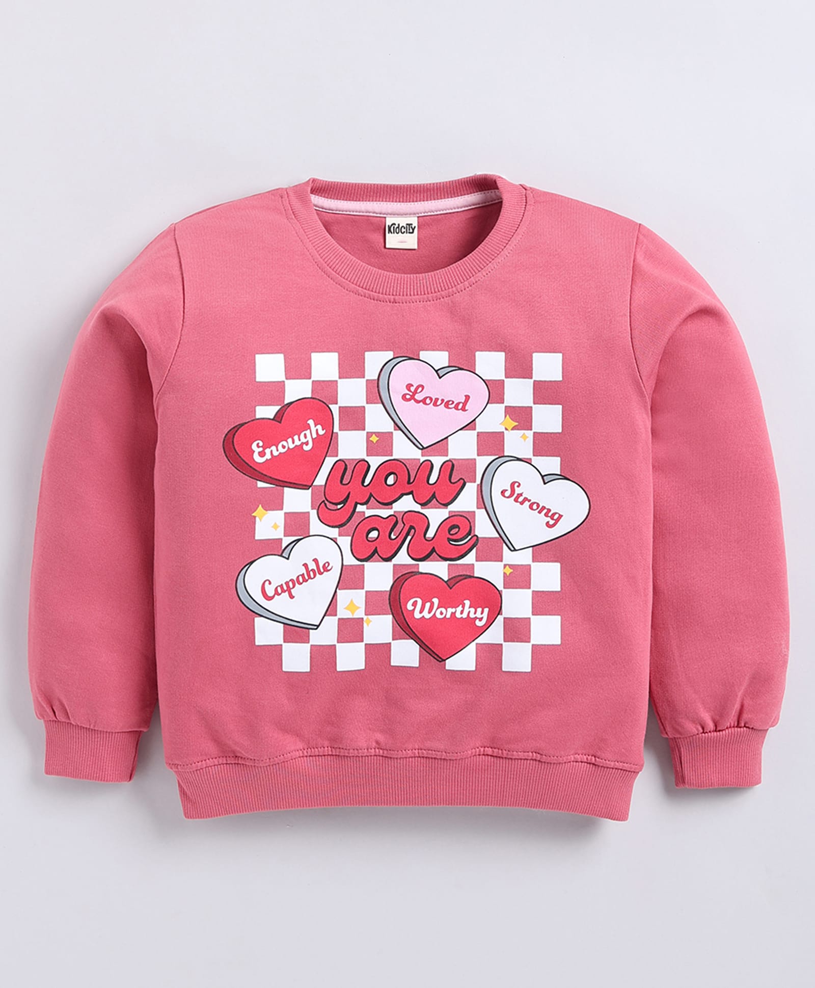 Kidcity Cotton Looper Knit Full Sleeves You Are Loved & Strong Text Printed Light Winter Sweatshirt - Fuchsia-picture-29