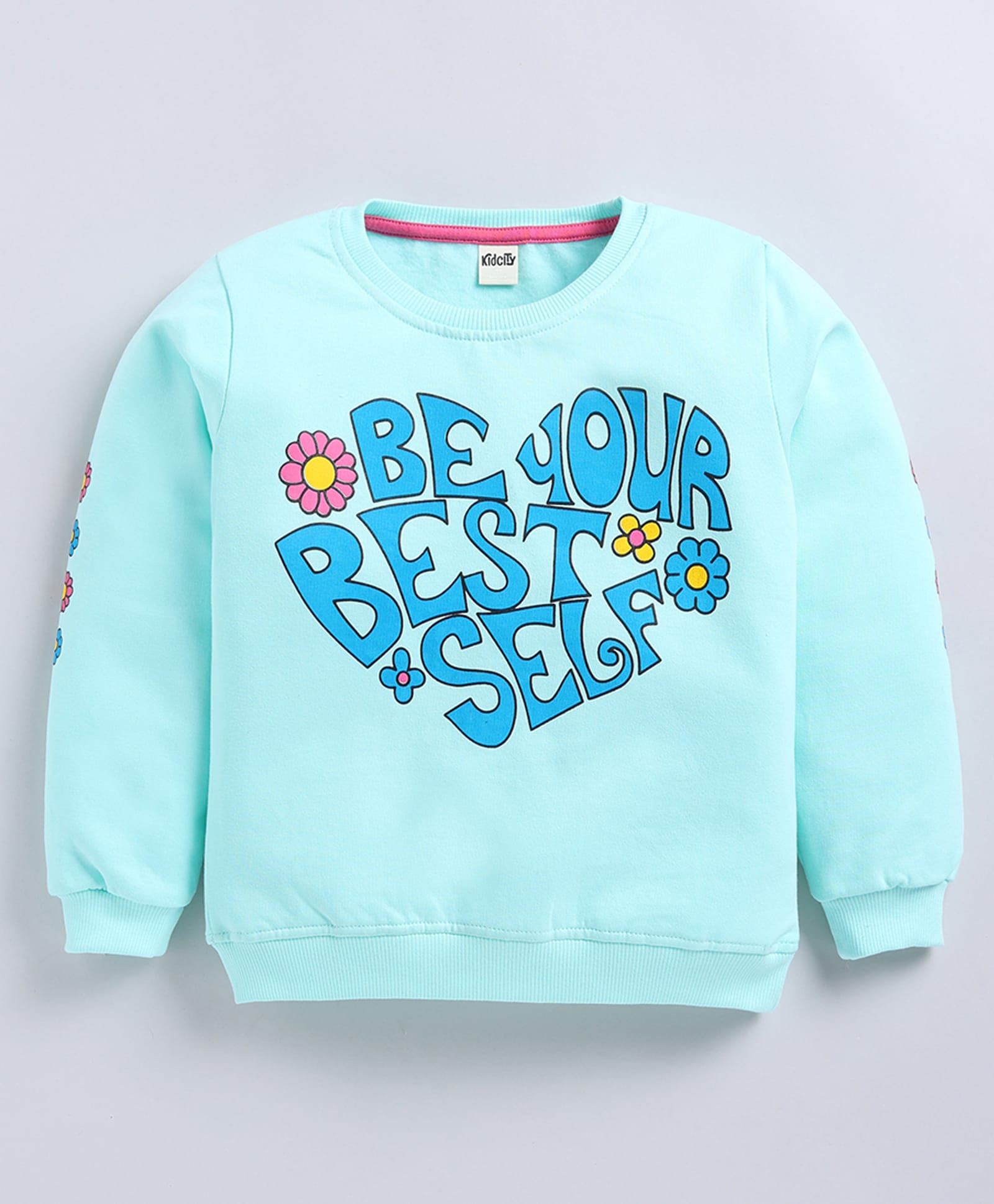 Kidcity Fleece Knit Full Sleeves Be Your Best Self Text Printed Light Winter Sweatshirt - Aqua Blue-picture-26