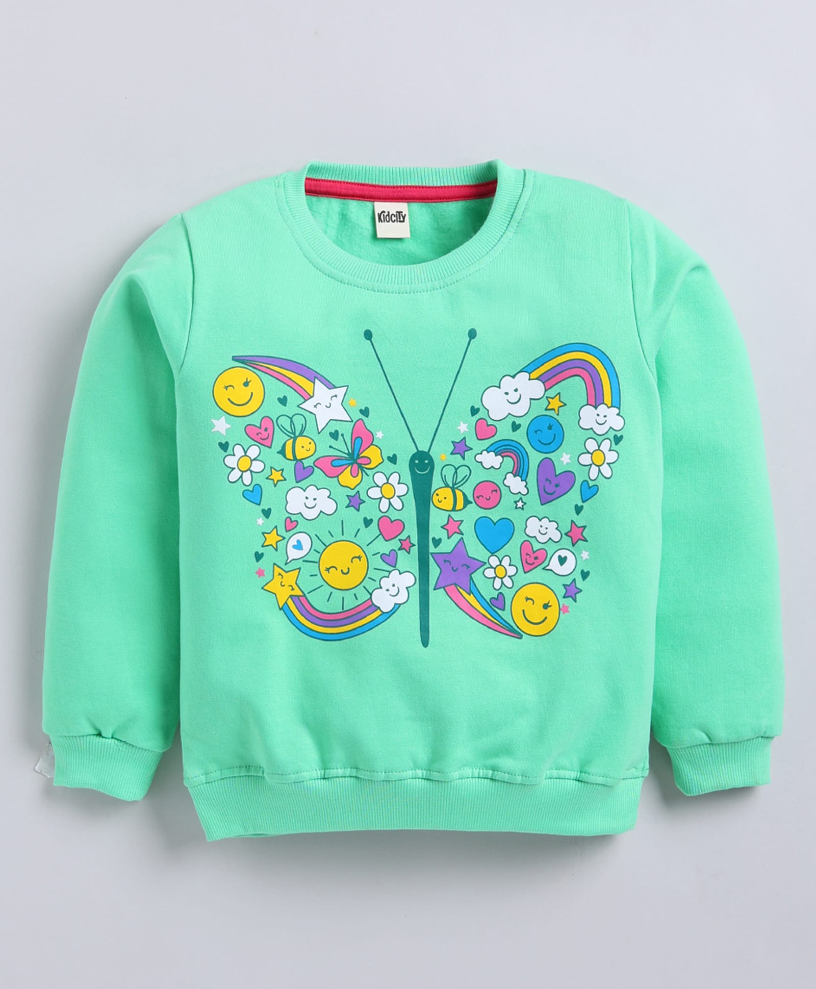 Kidcity Fleece Knit Full Sleeves Butterfly & Floral Printed Light Winter Sweatshirt - Lime Green-picture-12
