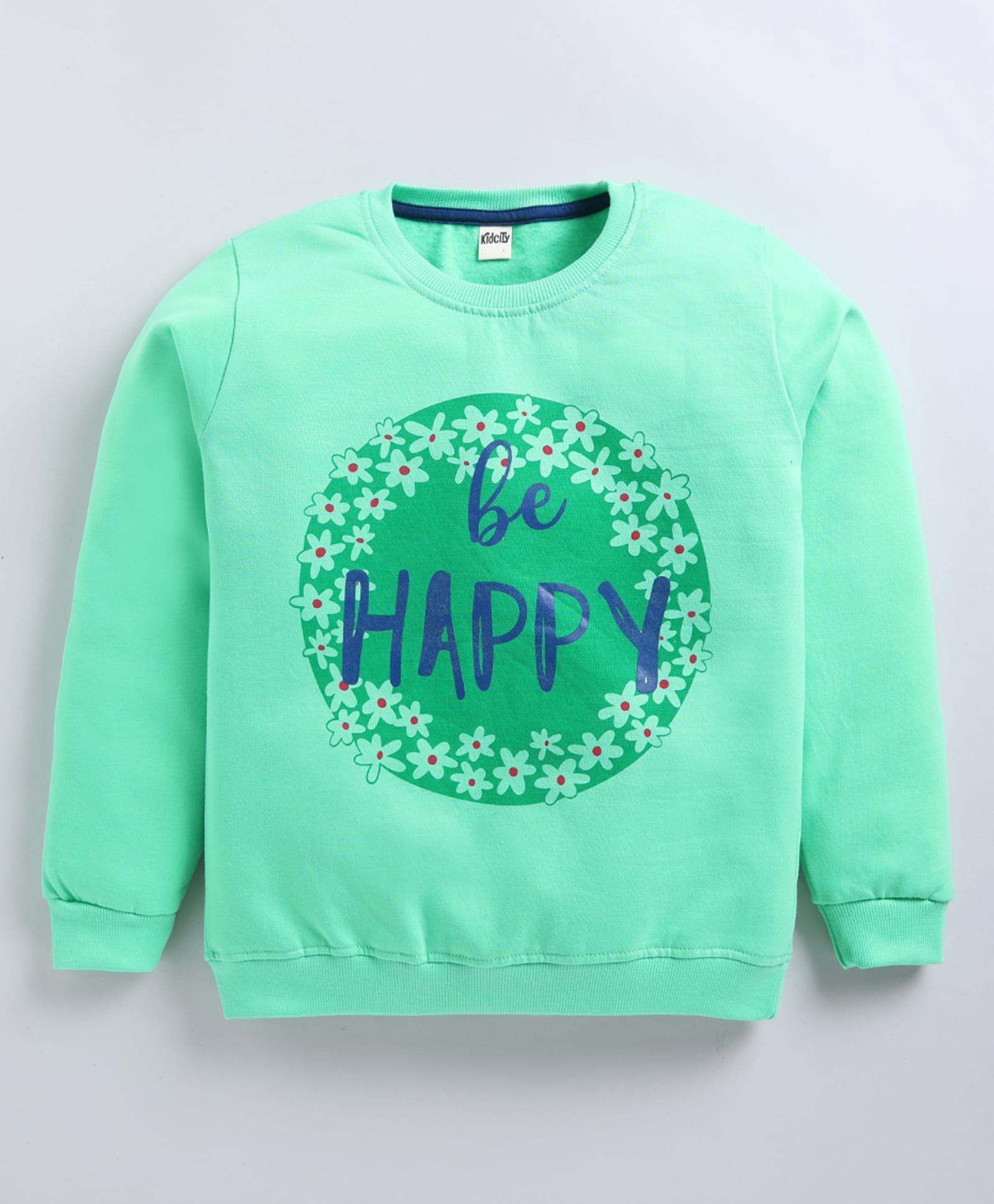 Kidcity Fleece Knit Full Sleeves Be Happy Text Printed Light Winter Sweatshirt - Light Green-picture-21