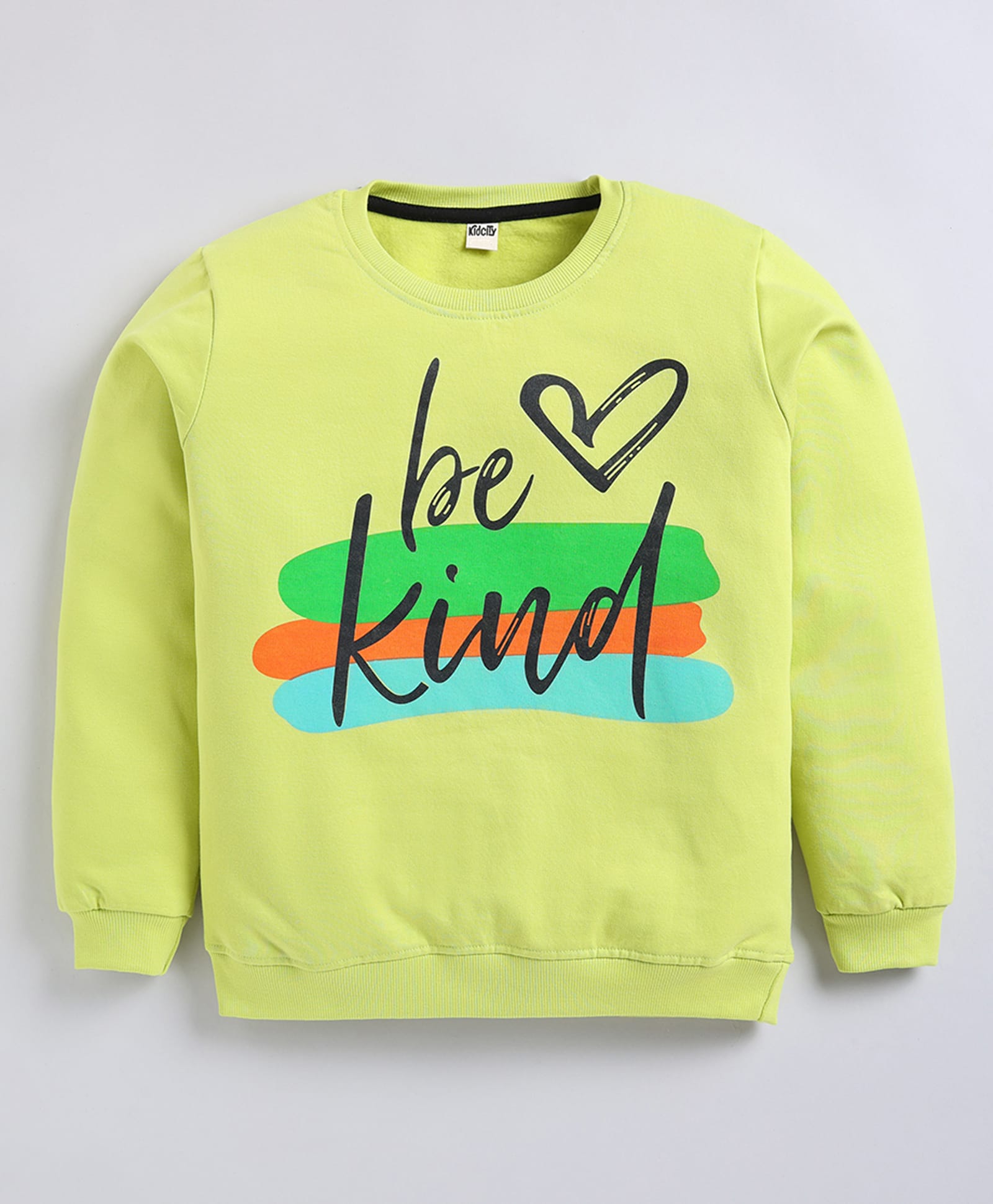 Kidcity Fleece Knit Full Sleeves Be Kind Text Printed Light Winter Sweatshirt - Neon Green-image-17