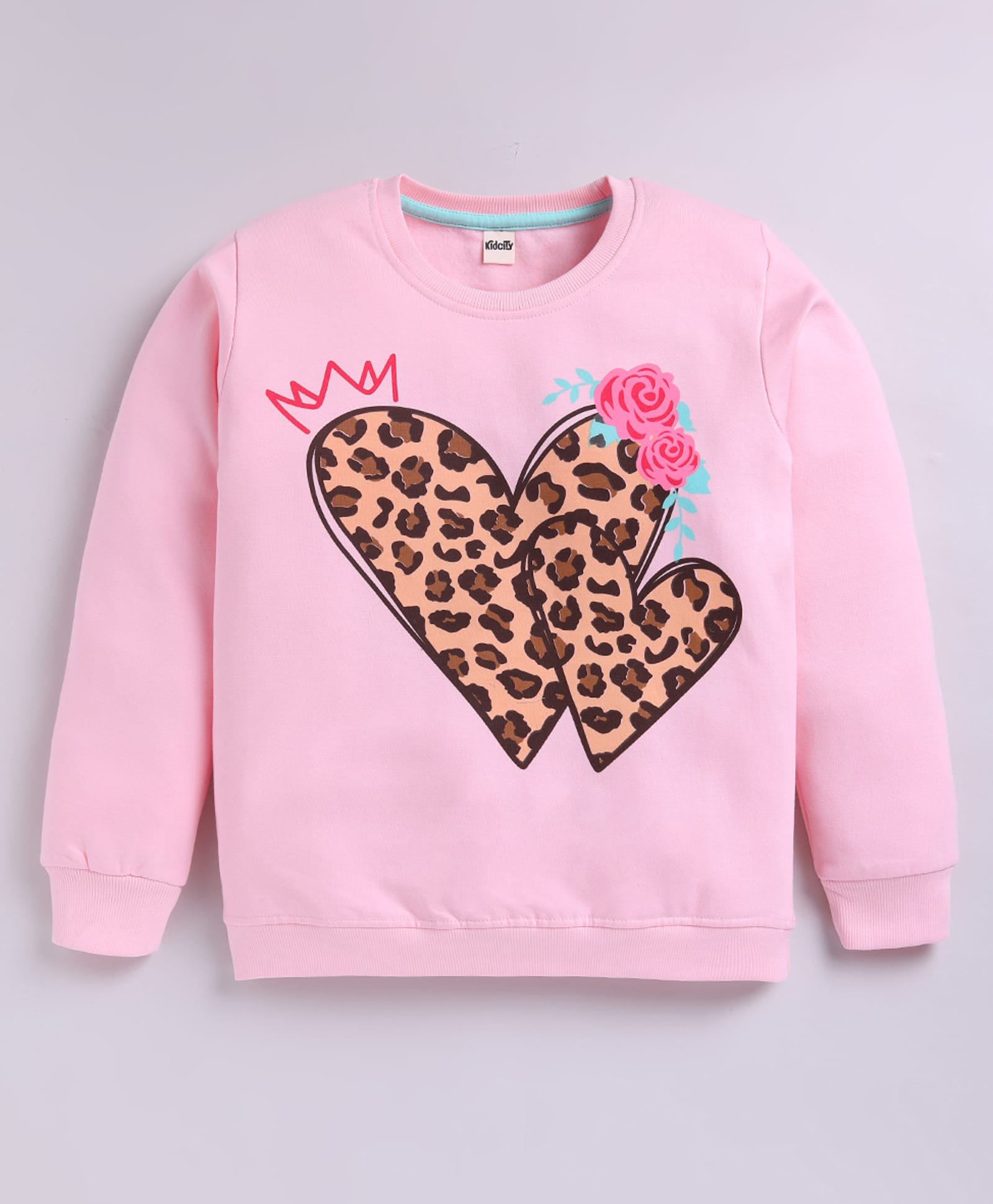 Kidcity Fleece Knit Full Sleeves Heart Shaped Leopard Printed Light Winter Sweatshirt - Pink-picture-24