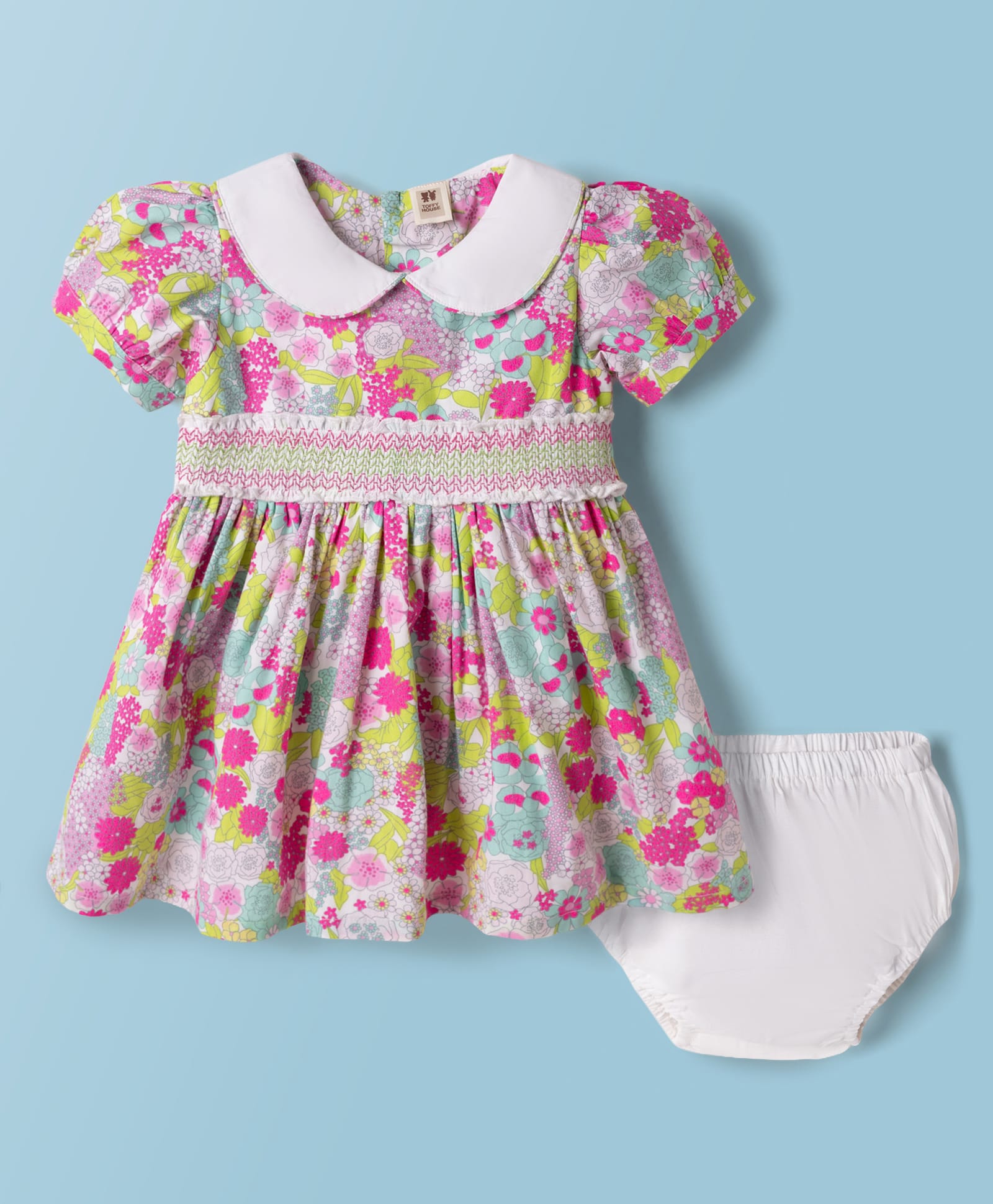 ToffyHouse Cotton Woven Frocks with Bloomer/Short Half Sleeves Peter Pan Collar Floral Print White 6-9 Months-picture-41