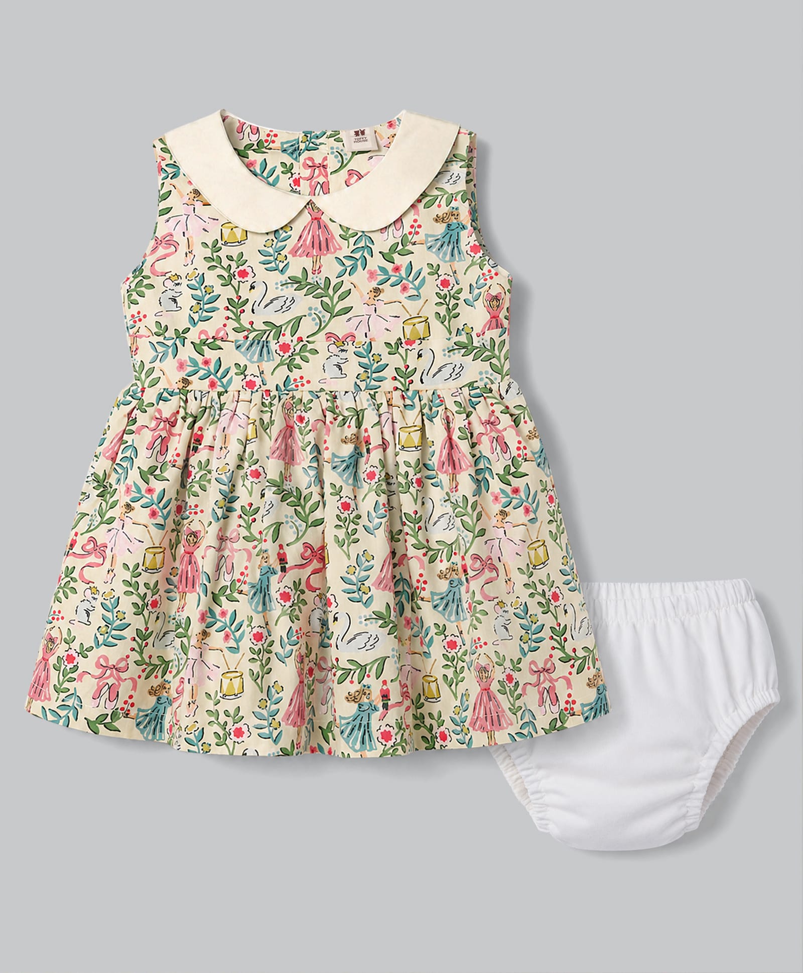ToffyHouse Cotton Woven Frocks with Bloomer/Short Sleeveless Floral Print Peter Pan Collar White 6-9 Months-picture-29